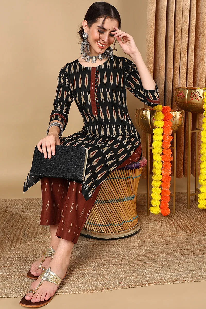 Cotton Blend Blend Black Ikat Printed Straight Kurta With Pant