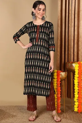 Cotton Blend Blend Black Ikat Printed Straight Kurta With Pant