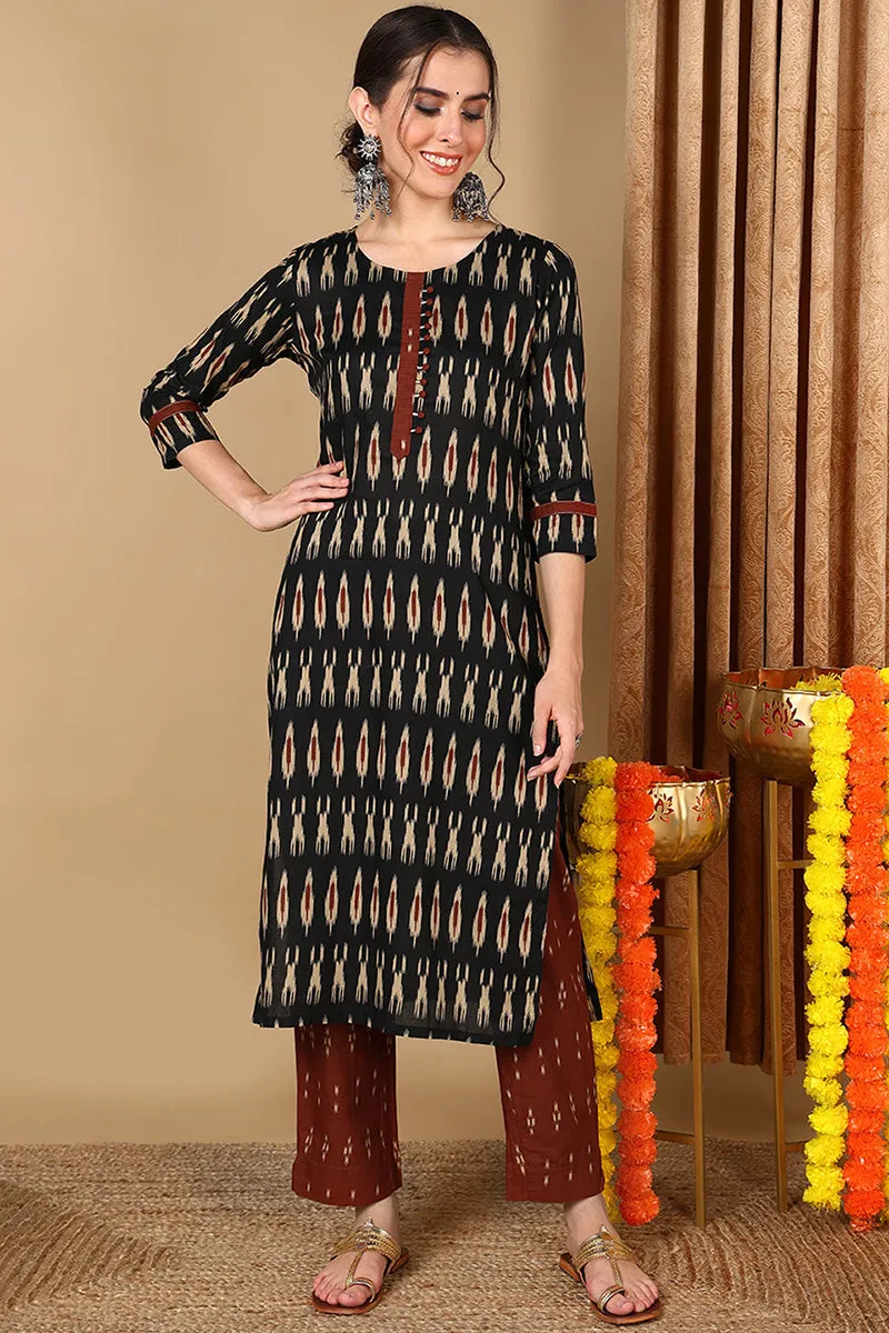 Cotton Blend Blend Black Ikat Printed Straight Kurta With Pant