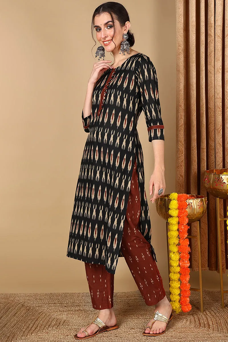 Cotton Blend Blend Black Ikat Printed Straight Kurta With Pant