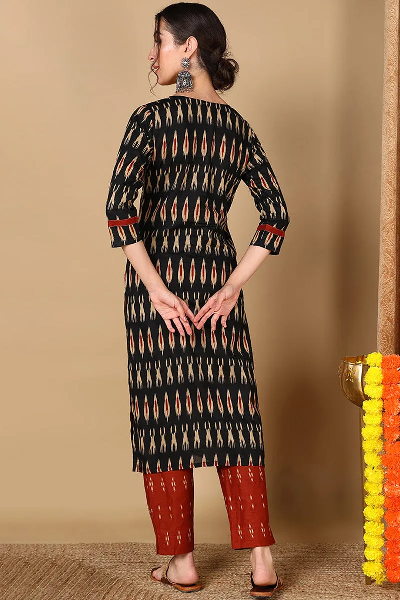 Cotton Blend Blend Black Ikat Printed Straight Kurta With Pant