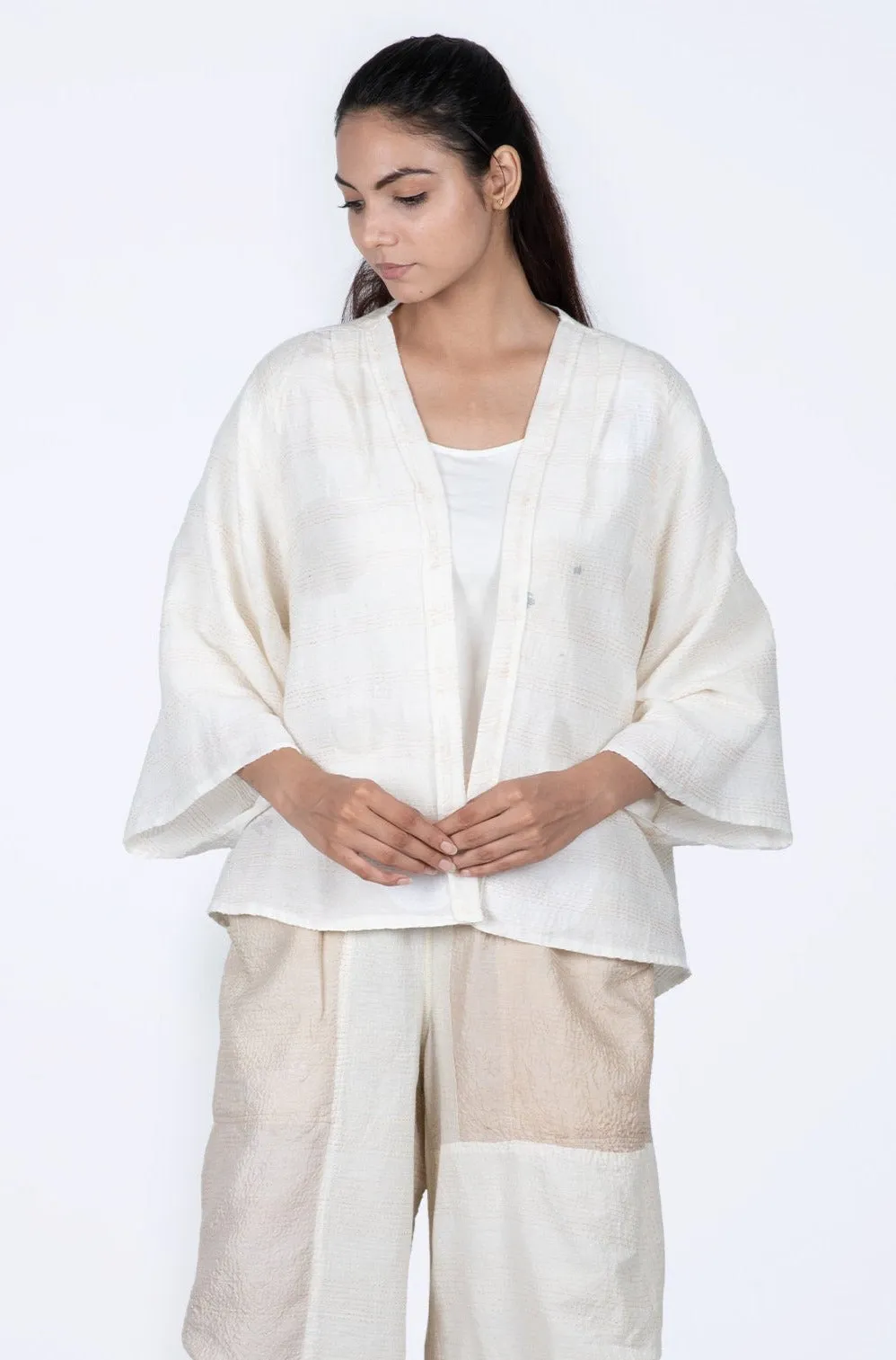 CUT THROUGH DOT AND HOLES KANTHA BELL SHAPE JKT - cd2048-ivy -