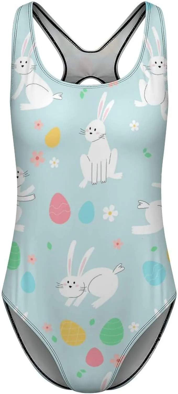 Easter Eggs Bunnies Women 1 Piece Bathing Suits Backless Scoop Neck Trendy Tummy Control Bathing Suit