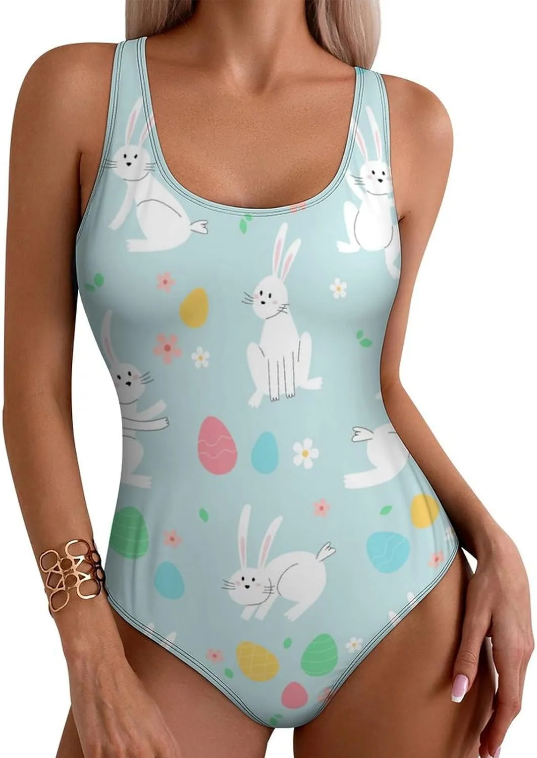 Easter Eggs Bunnies Women 1 Piece Bathing Suits Backless Scoop Neck Trendy Tummy Control Bathing Suit