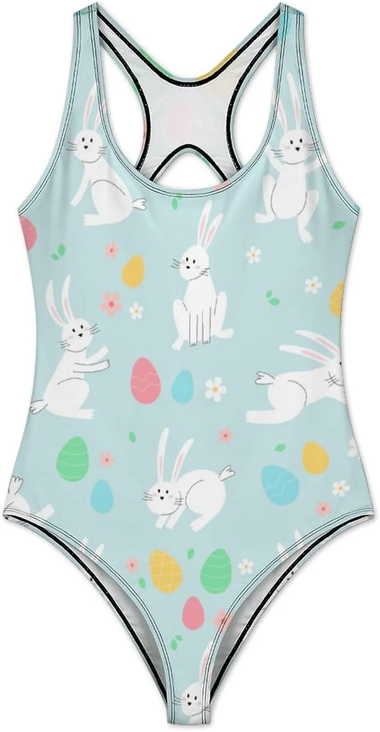 Easter Eggs Bunnies Women 1 Piece Bathing Suits Backless Scoop Neck Trendy Tummy Control Bathing Suit