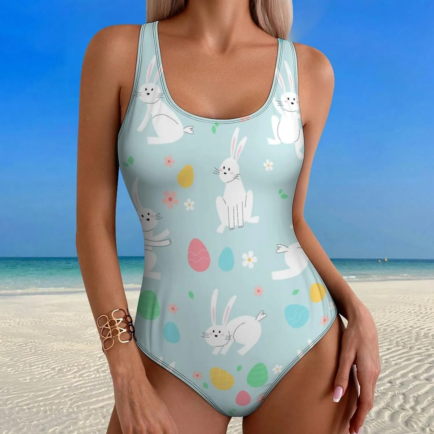 Easter Eggs Bunnies Women 1 Piece Bathing Suits Backless Scoop Neck Trendy Tummy Control Bathing Suit