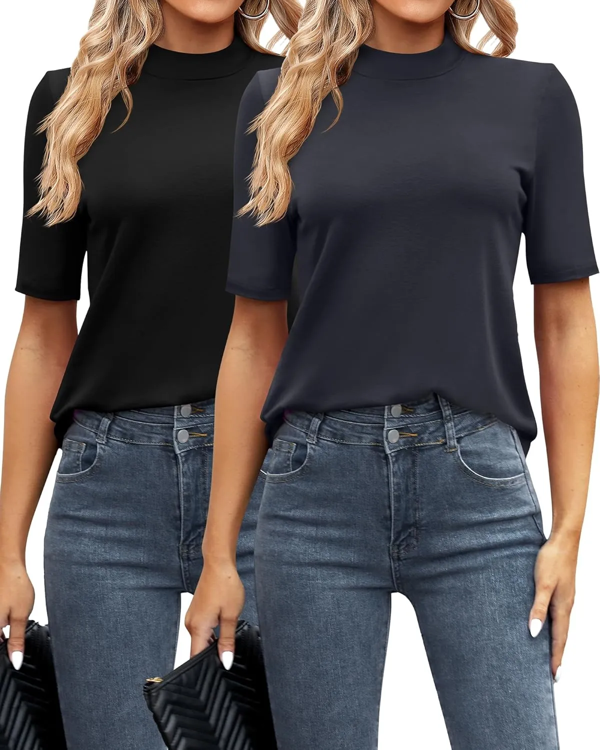 Ficerd 2 Pack Women's Mock Turtleneck T Shirts, Half Sleeve Business Casual Tunic Tops Slim Fit Summer Basic Dressy Tee Shirt