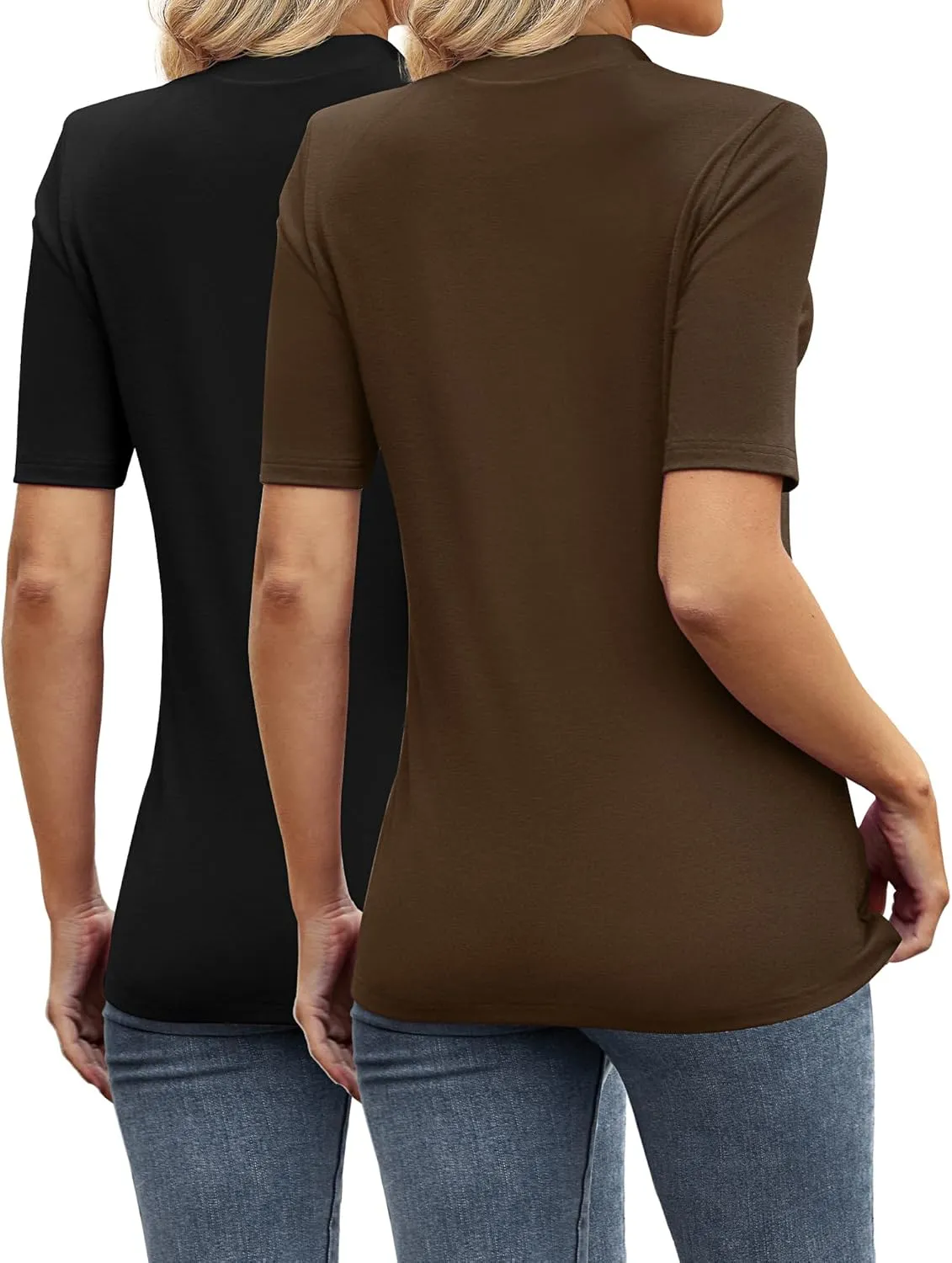 Ficerd 2 Pack Women's Mock Turtleneck T Shirts, Half Sleeve Business Casual Tunic Tops Slim Fit Summer Basic Dressy Tee Shirt