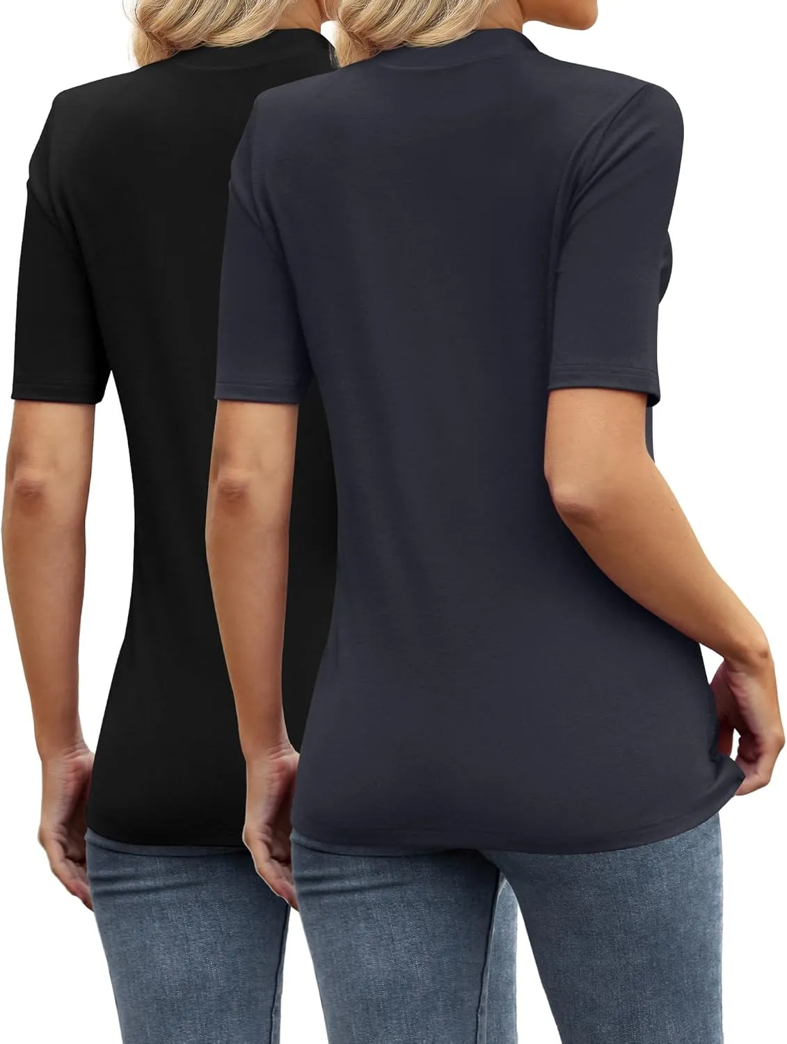 Ficerd 2 Pack Women's Mock Turtleneck T Shirts, Half Sleeve Business Casual Tunic Tops Slim Fit Summer Basic Dressy Tee Shirt
