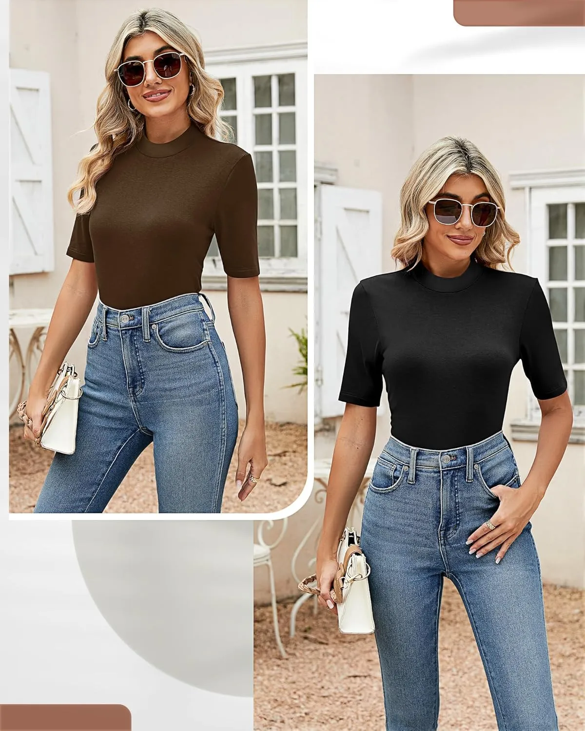 Ficerd 2 Pack Women's Mock Turtleneck T Shirts, Half Sleeve Business Casual Tunic Tops Slim Fit Summer Basic Dressy Tee Shirt