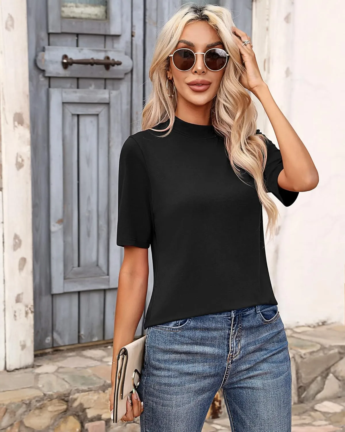 Ficerd 2 Pack Women's Mock Turtleneck T Shirts, Half Sleeve Business Casual Tunic Tops Slim Fit Summer Basic Dressy Tee Shirt