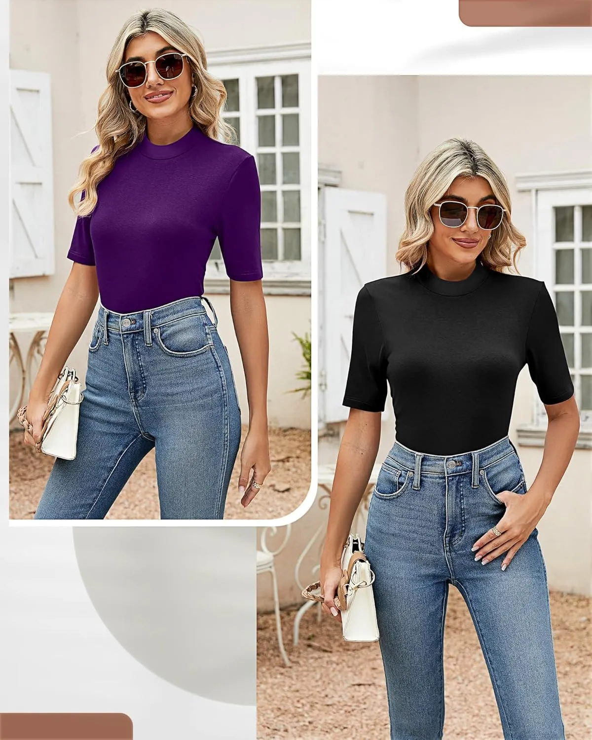 Ficerd 2 Pack Women's Mock Turtleneck T Shirts, Half Sleeve Business Casual Tunic Tops Slim Fit Summer Basic Dressy Tee Shirt