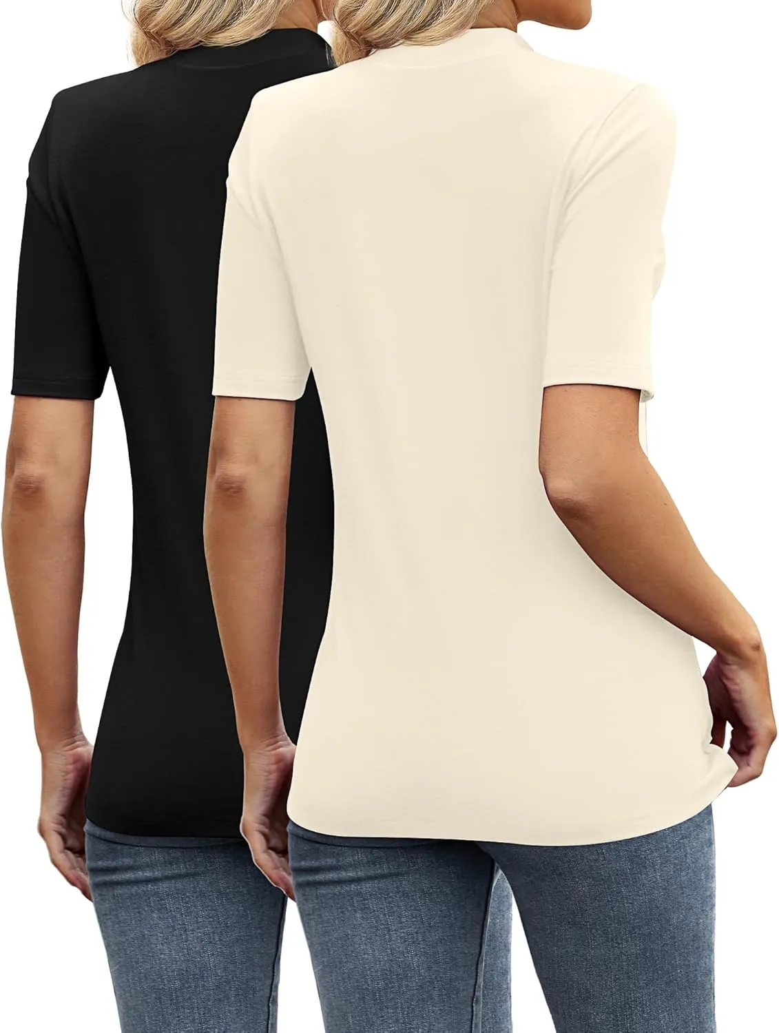 Ficerd 2 Pack Women's Mock Turtleneck T Shirts, Half Sleeve Business Casual Tunic Tops Slim Fit Summer Basic Dressy Tee Shirt