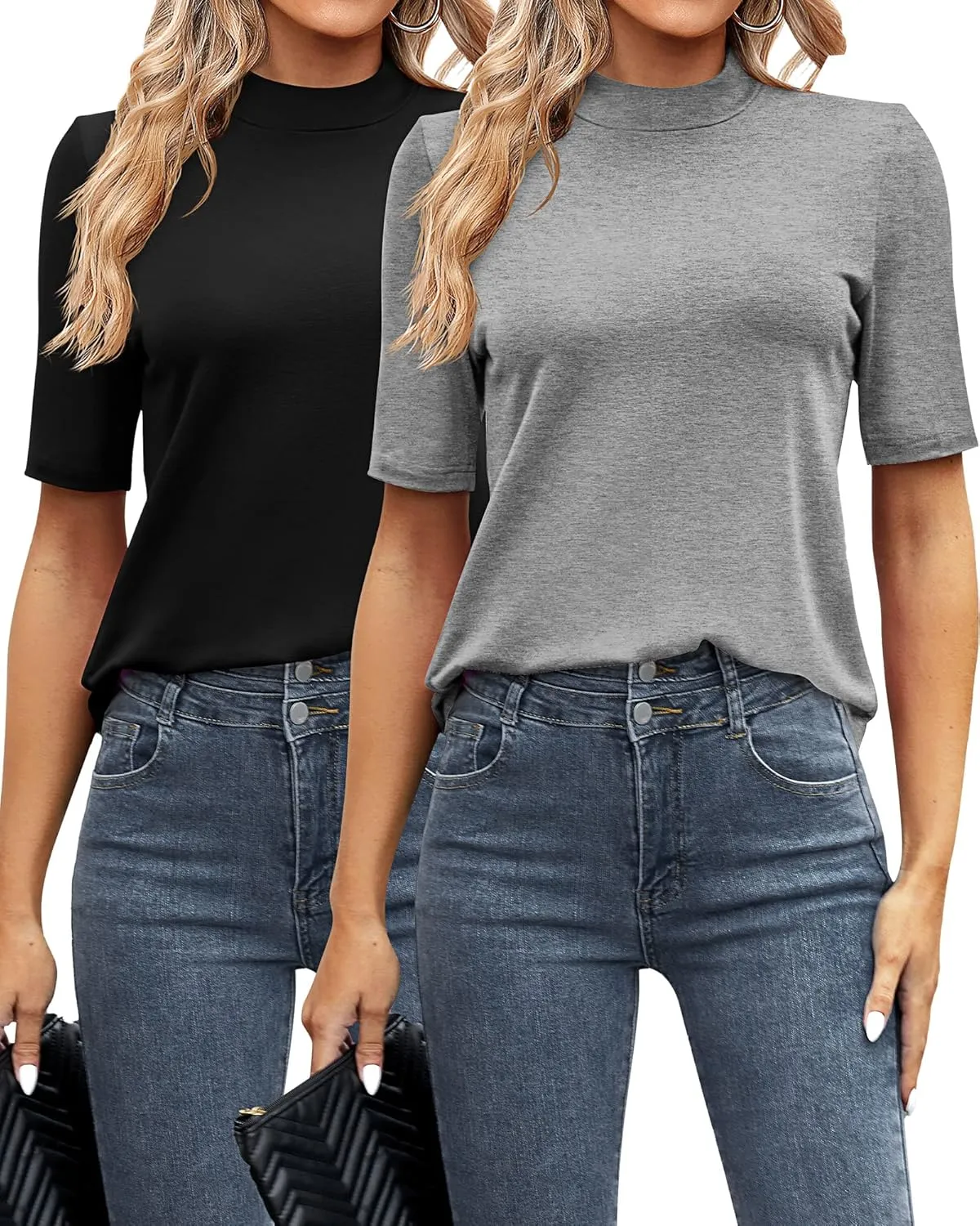 Ficerd 2 Pack Women's Mock Turtleneck T Shirts, Half Sleeve Business Casual Tunic Tops Slim Fit Summer Basic Dressy Tee Shirt