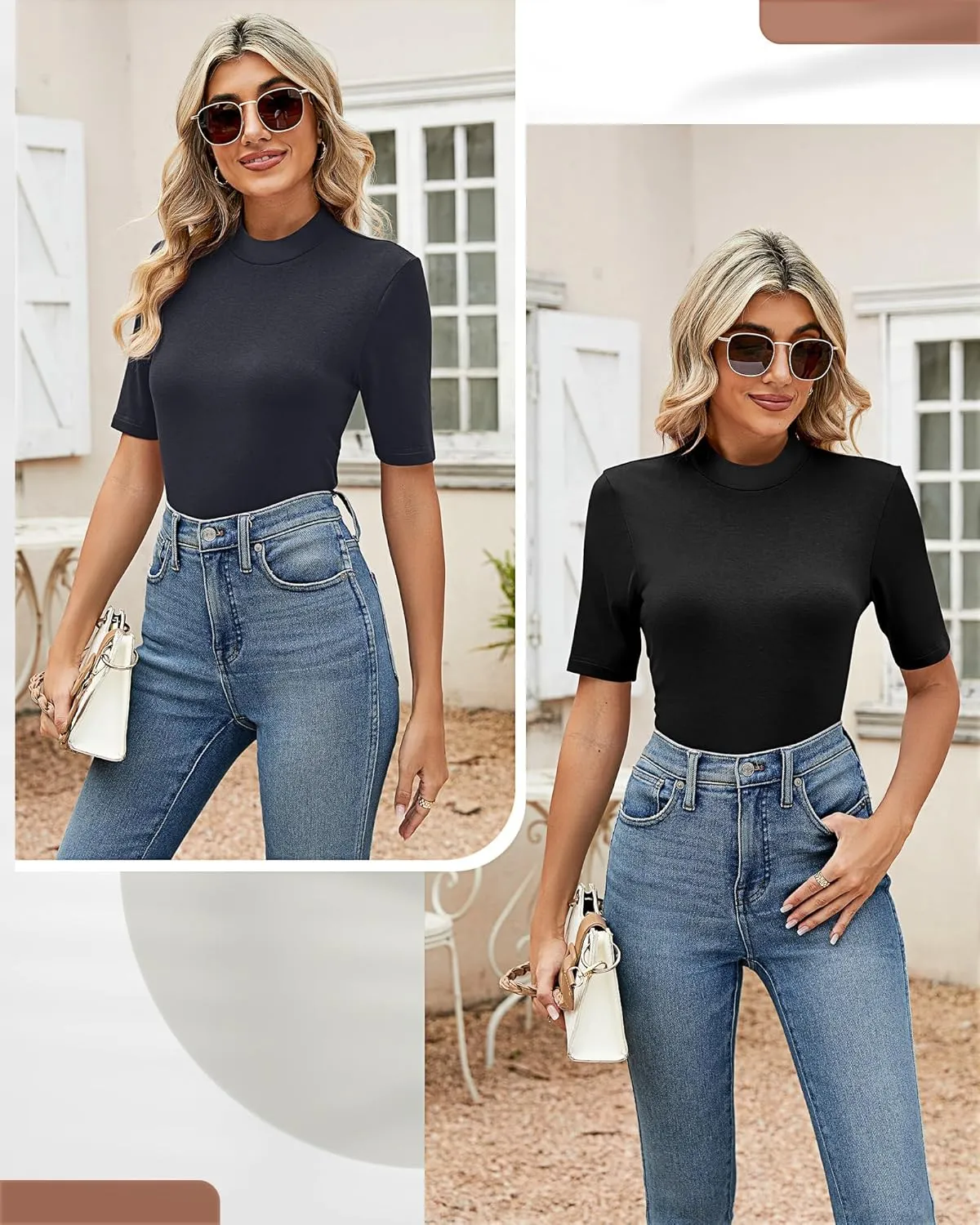 Ficerd 2 Pack Women's Mock Turtleneck T Shirts, Half Sleeve Business Casual Tunic Tops Slim Fit Summer Basic Dressy Tee Shirt