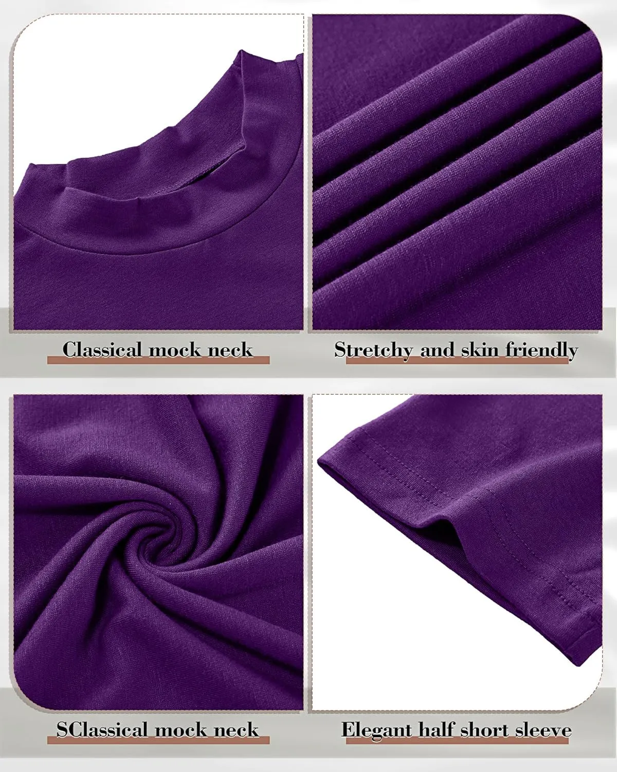 Ficerd 2 Pack Women's Mock Turtleneck T Shirts, Half Sleeve Business Casual Tunic Tops Slim Fit Summer Basic Dressy Tee Shirt