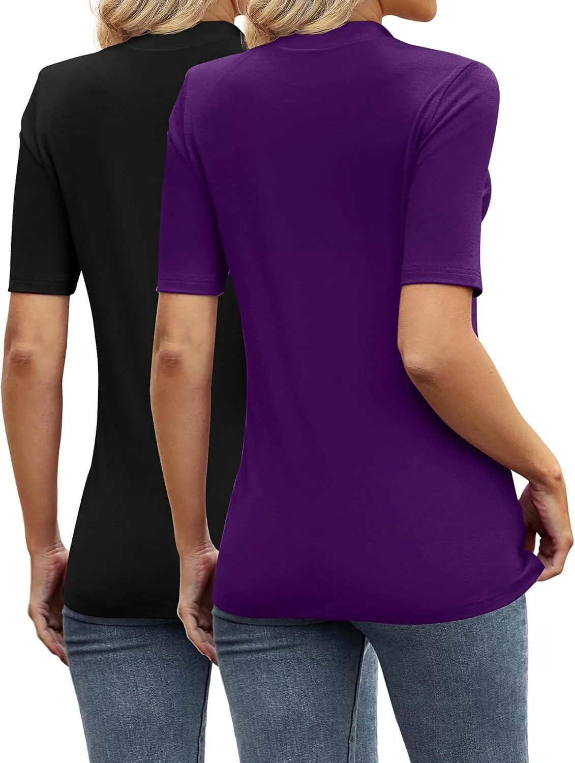 Ficerd 2 Pack Women's Mock Turtleneck T Shirts, Half Sleeve Business Casual Tunic Tops Slim Fit Summer Basic Dressy Tee Shirt