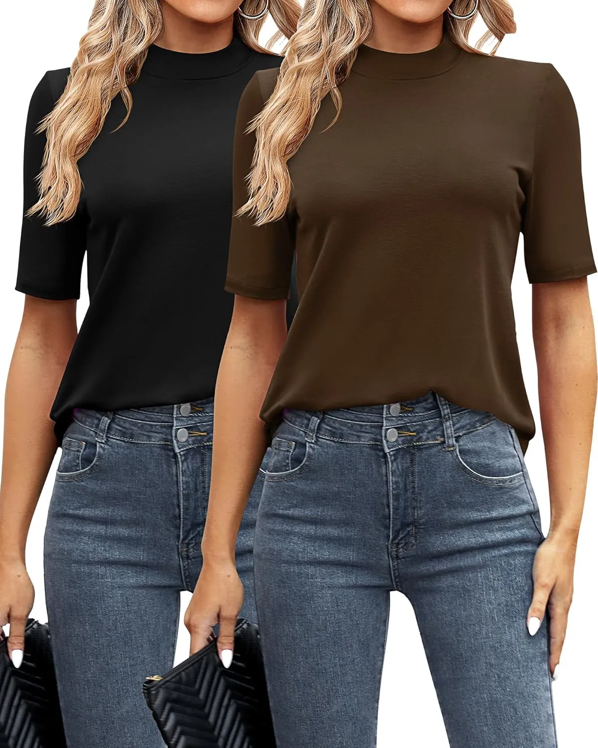 Ficerd 2 Pack Women's Mock Turtleneck T Shirts, Half Sleeve Business Casual Tunic Tops Slim Fit Summer Basic Dressy Tee Shirt