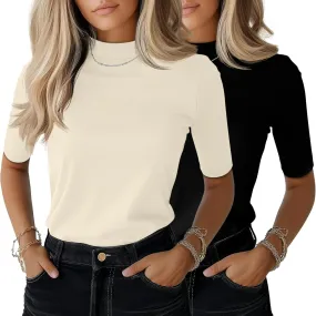 Ficerd 2 Pack Women's Mock Turtleneck T Shirts, Half Sleeve Business Casual Tunic Tops Slim Fit Summer Basic Dressy Tee Shirt