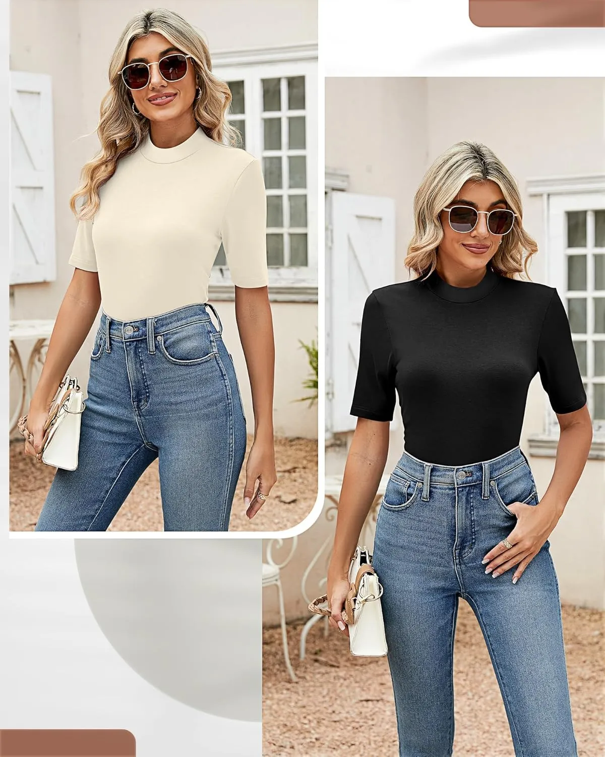Ficerd 2 Pack Women's Mock Turtleneck T Shirts, Half Sleeve Business Casual Tunic Tops Slim Fit Summer Basic Dressy Tee Shirt