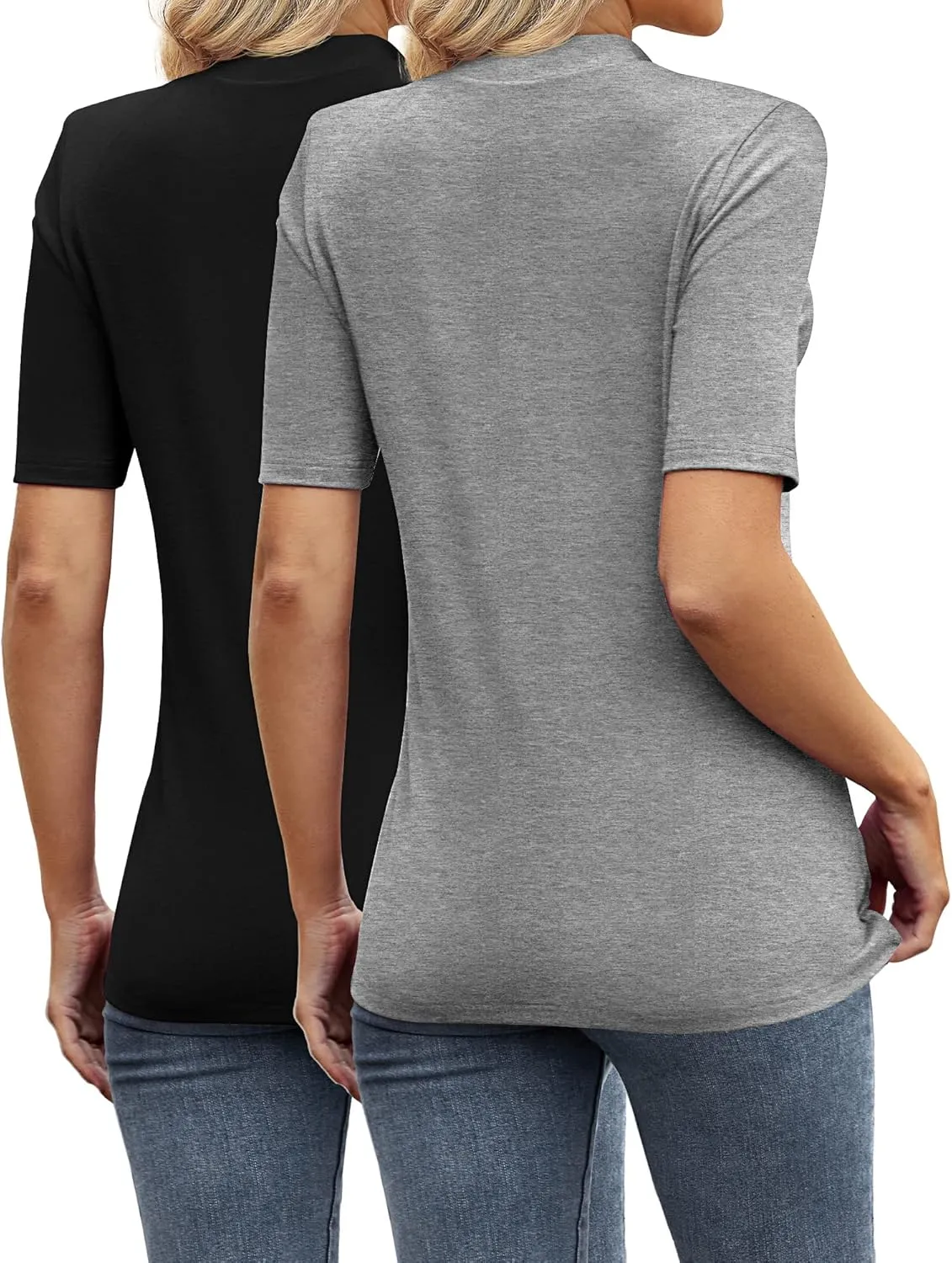 Ficerd 2 Pack Women's Mock Turtleneck T Shirts, Half Sleeve Business Casual Tunic Tops Slim Fit Summer Basic Dressy Tee Shirt