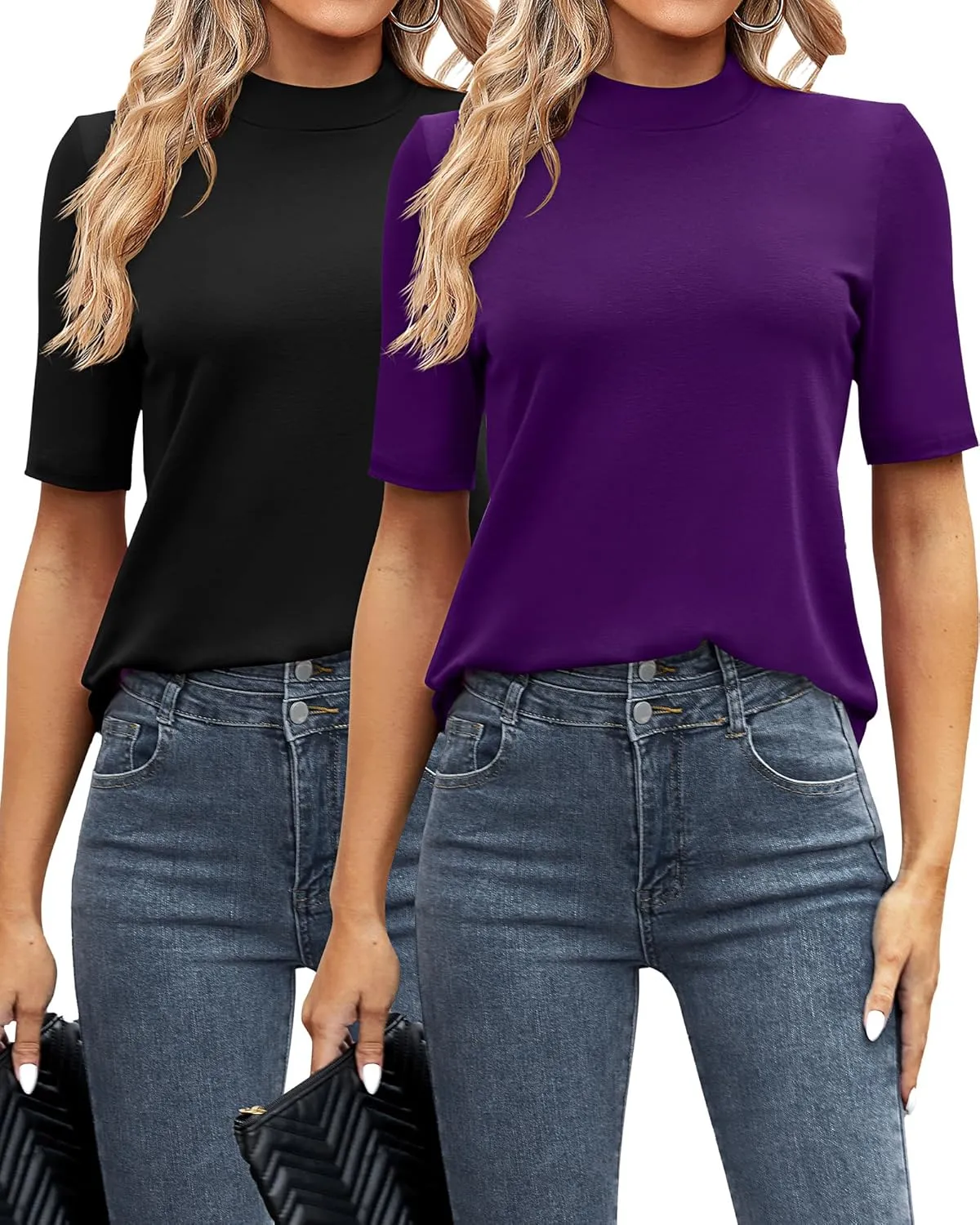 Ficerd 2 Pack Women's Mock Turtleneck T Shirts, Half Sleeve Business Casual Tunic Tops Slim Fit Summer Basic Dressy Tee Shirt