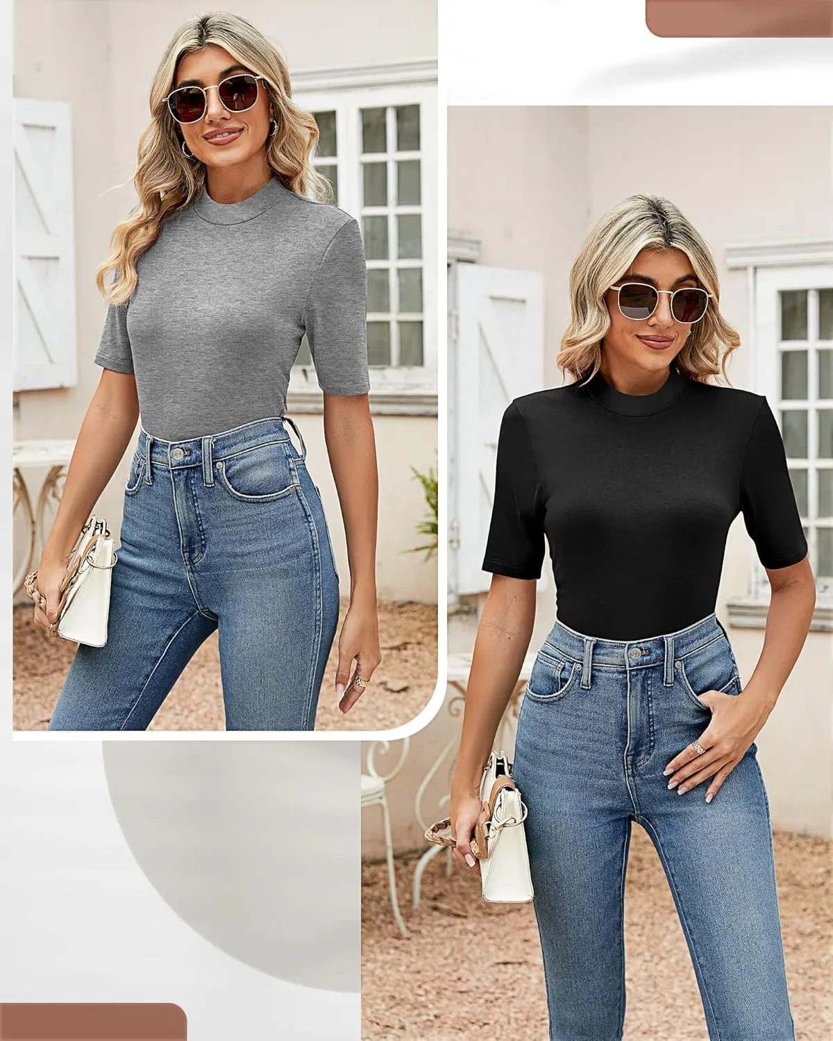 Ficerd 2 Pack Women's Mock Turtleneck T Shirts, Half Sleeve Business Casual Tunic Tops Slim Fit Summer Basic Dressy Tee Shirt
