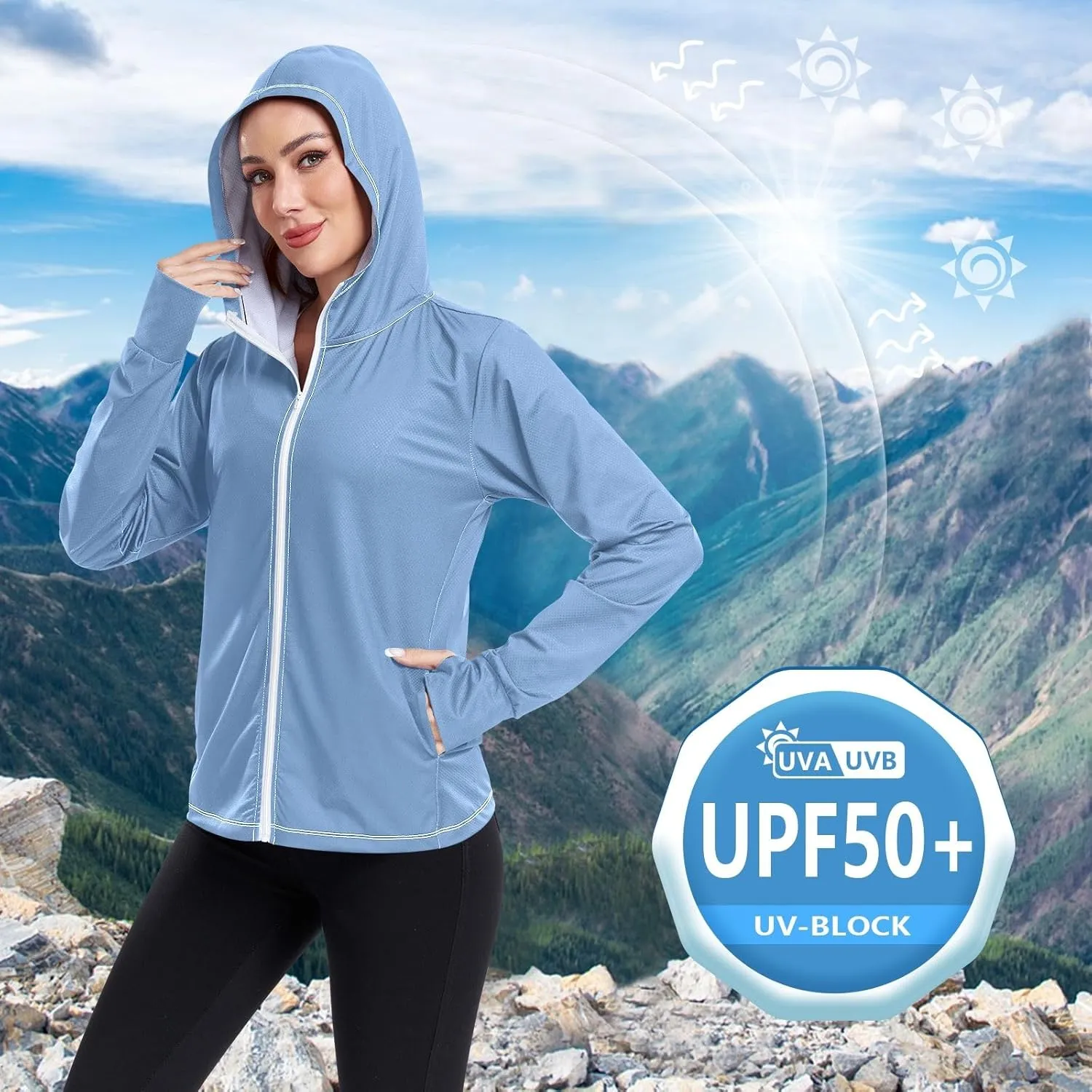 GAIGEO Modern Sky Ocean Blue Zip up Jacket, UPF 50  Sun Protection Clothes, Breathable Cool Lightweight Hiking Shirt Women, S