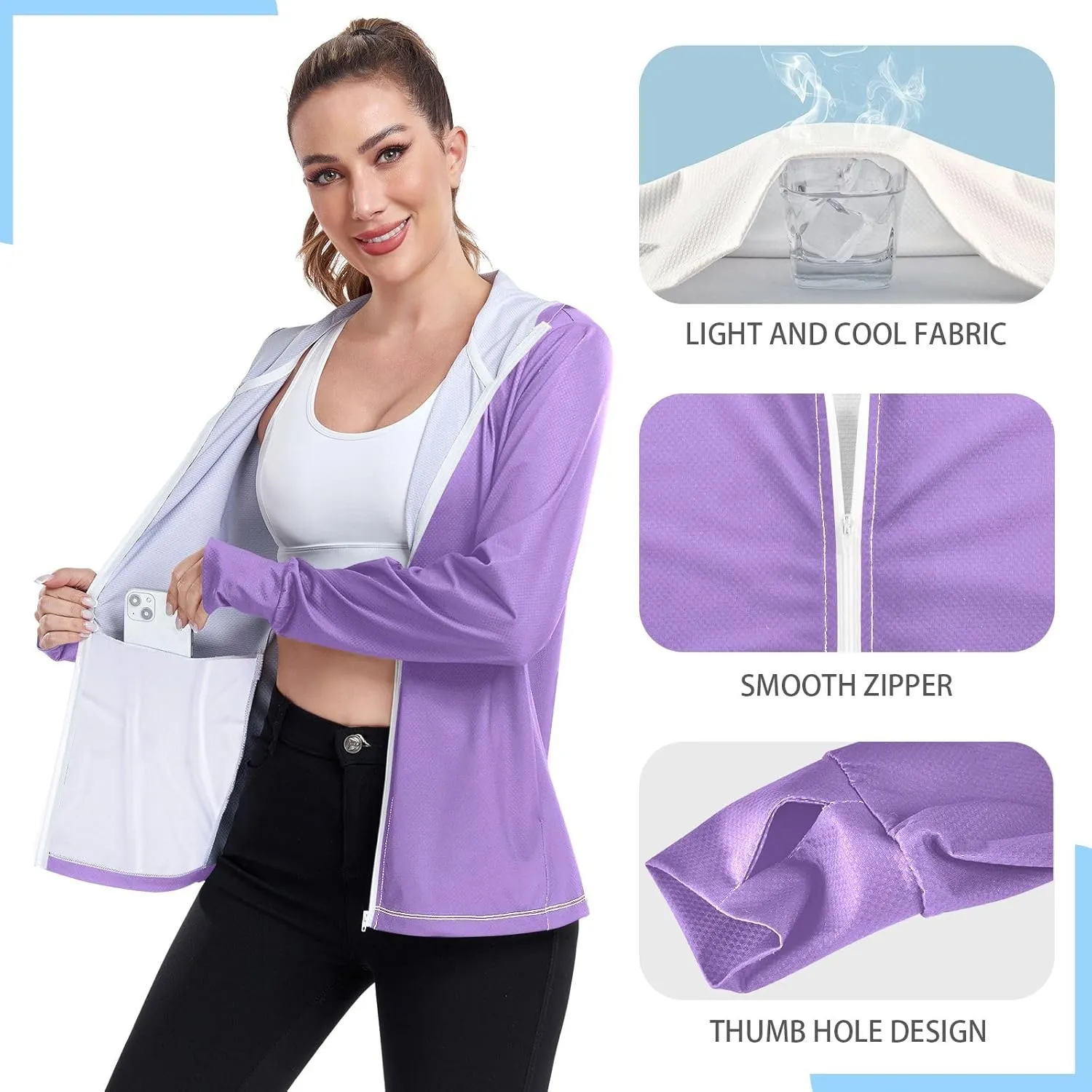 GAIGEO Modern Sky Ocean Blue Zip up Jacket, UPF 50  Sun Protection Clothes, Breathable Cool Lightweight Hiking Shirt Women, S