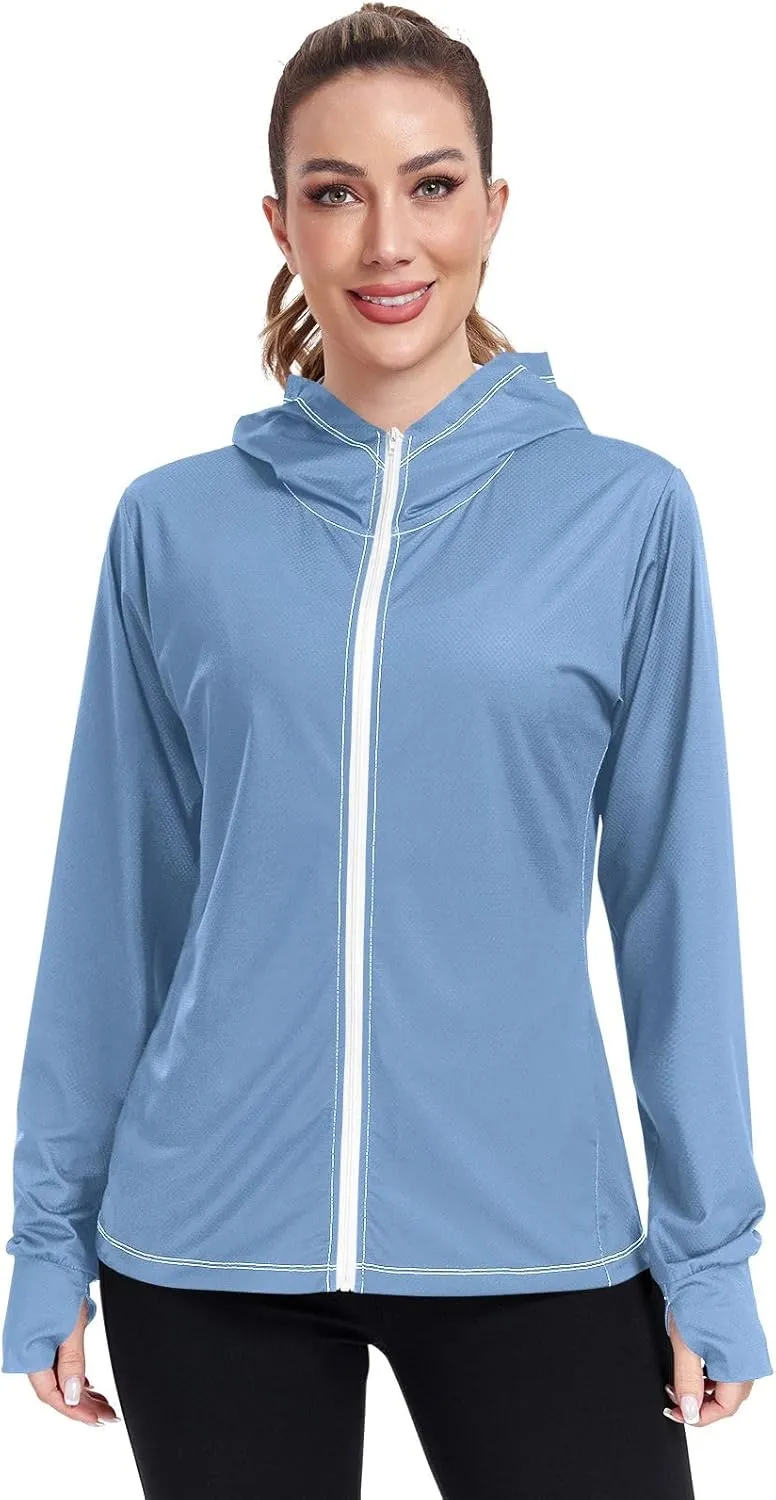 GAIGEO Modern Sky Ocean Blue Zip up Jacket, UPF 50  Sun Protection Clothes, Breathable Cool Lightweight Hiking Shirt Women, S