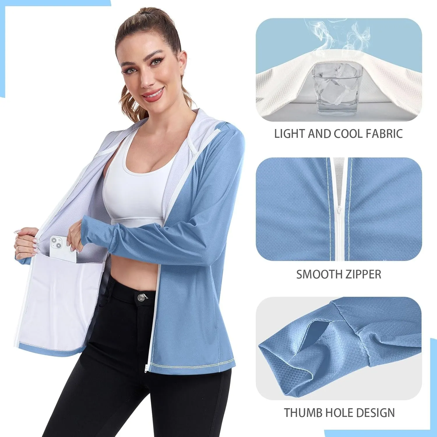 GAIGEO Modern Sky Ocean Blue Zip up Jacket, UPF 50  Sun Protection Clothes, Breathable Cool Lightweight Hiking Shirt Women, S