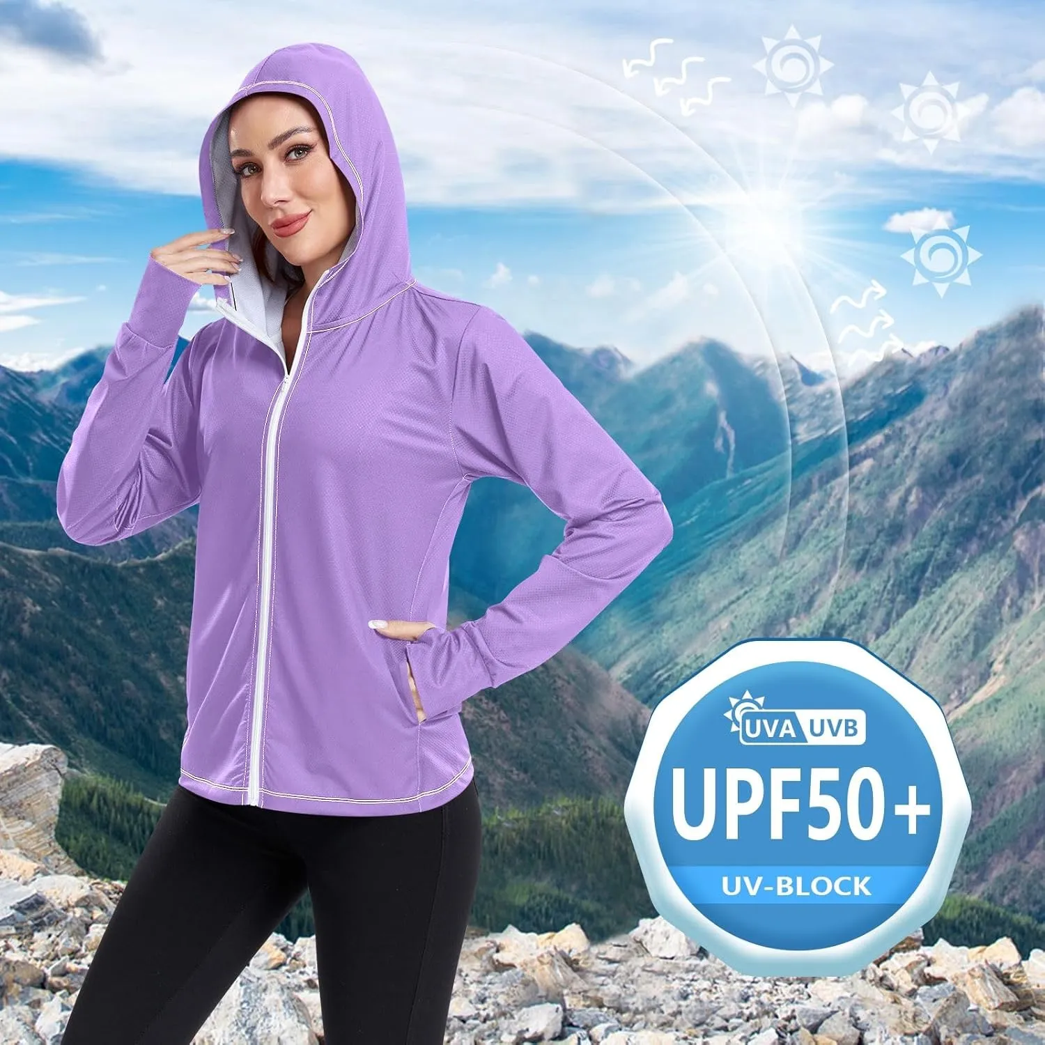 GAIGEO Modern Sky Ocean Blue Zip up Jacket, UPF 50  Sun Protection Clothes, Breathable Cool Lightweight Hiking Shirt Women, S