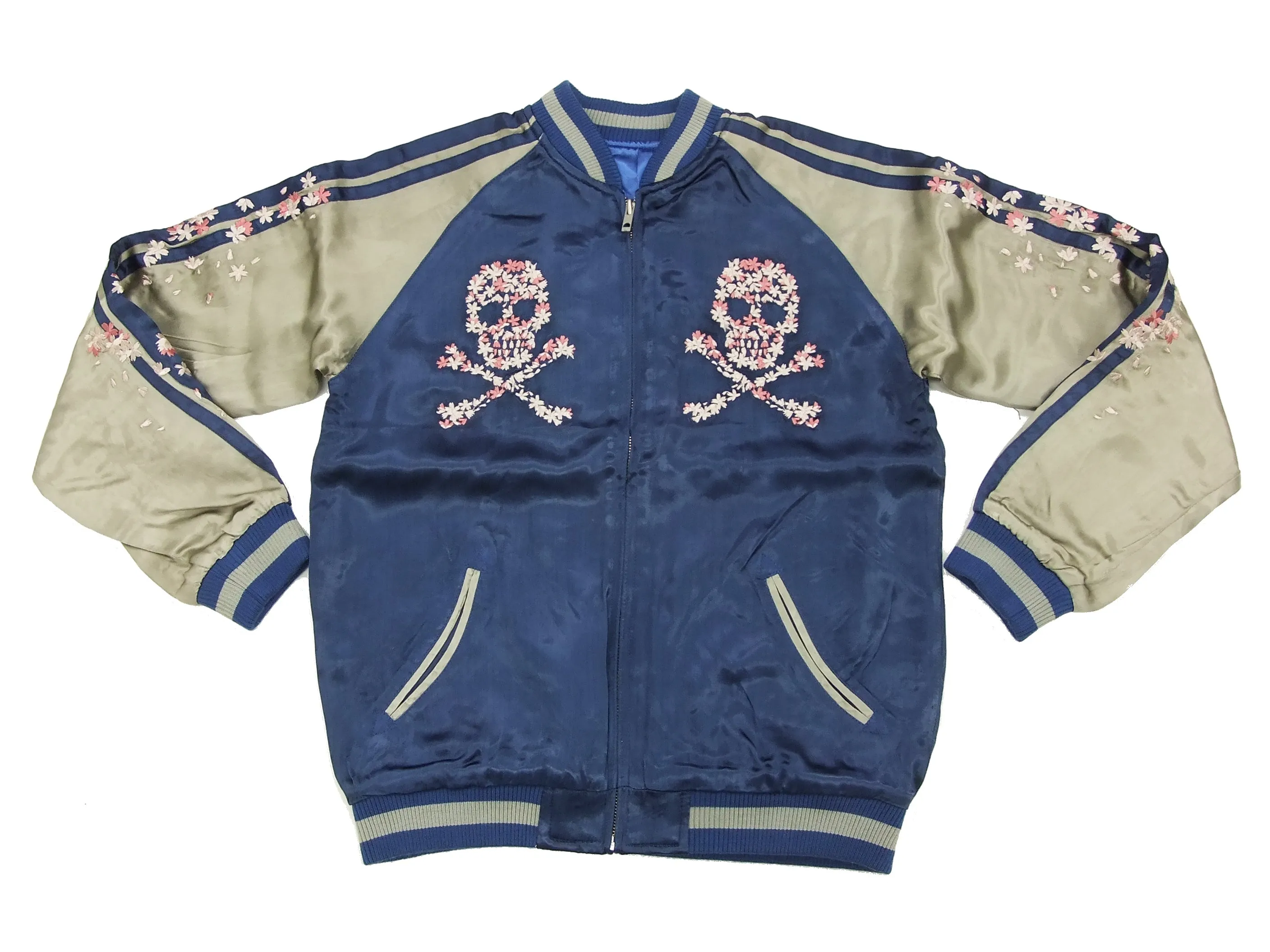 Hanatabi Gakudan Men's Japanese Souvenir Jacket Cherry Blossoms Skull Sukajan Script SSJ-509