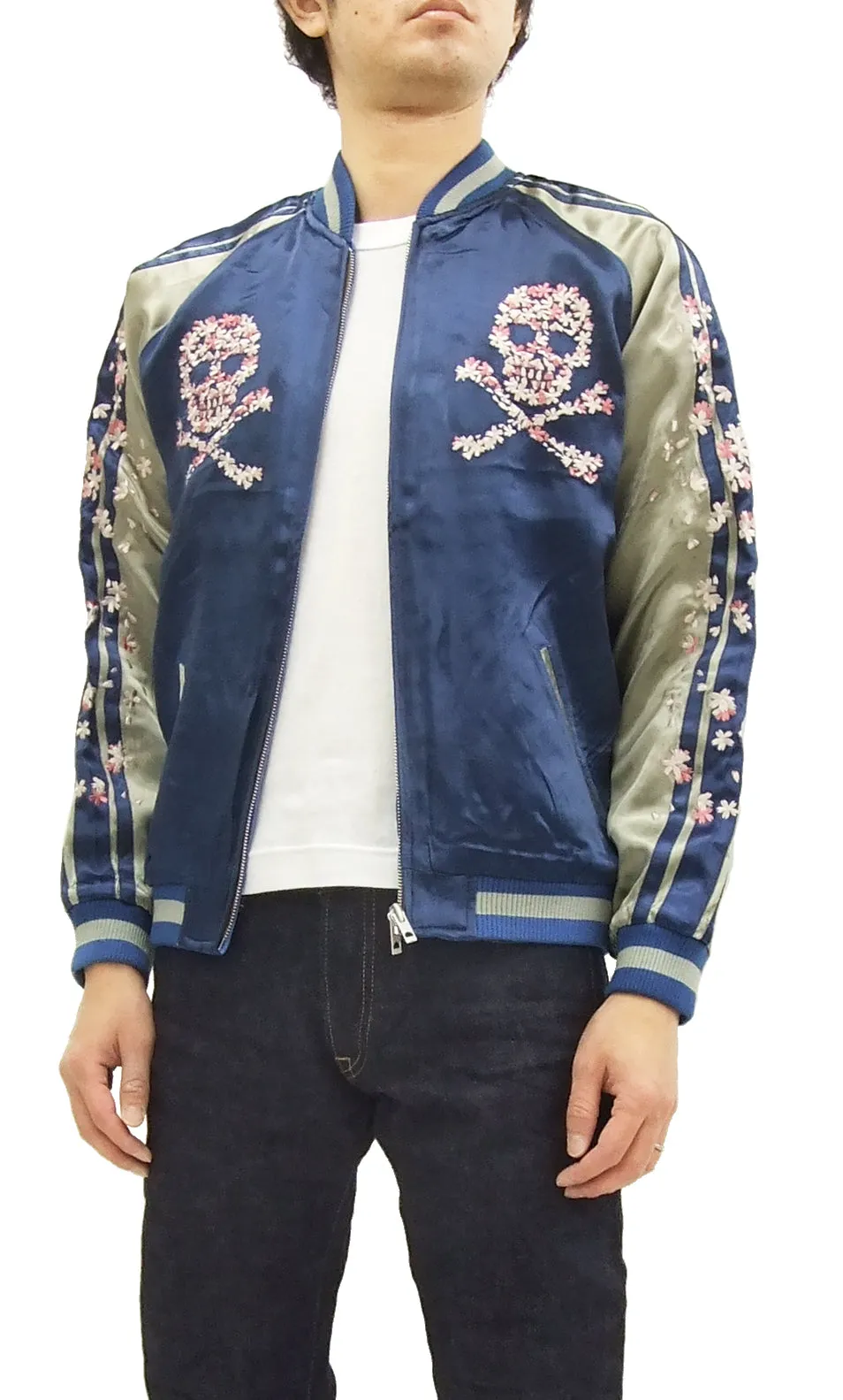 Hanatabi Gakudan Men's Japanese Souvenir Jacket Cherry Blossoms Skull Sukajan Script SSJ-509