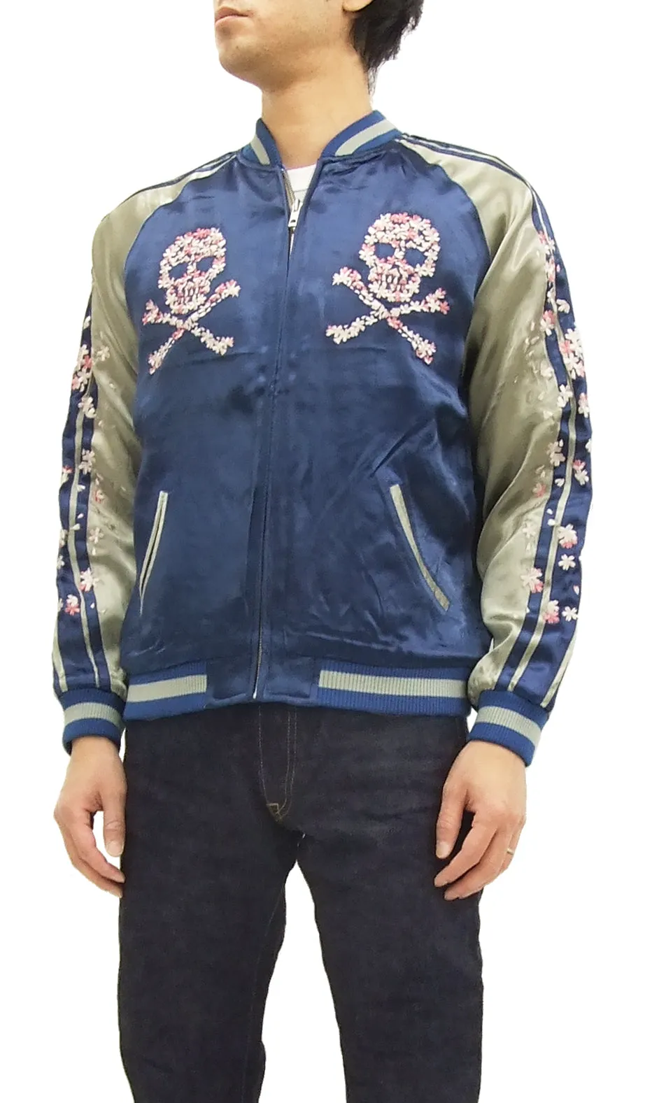 Hanatabi Gakudan Men's Japanese Souvenir Jacket Cherry Blossoms Skull Sukajan Script SSJ-509