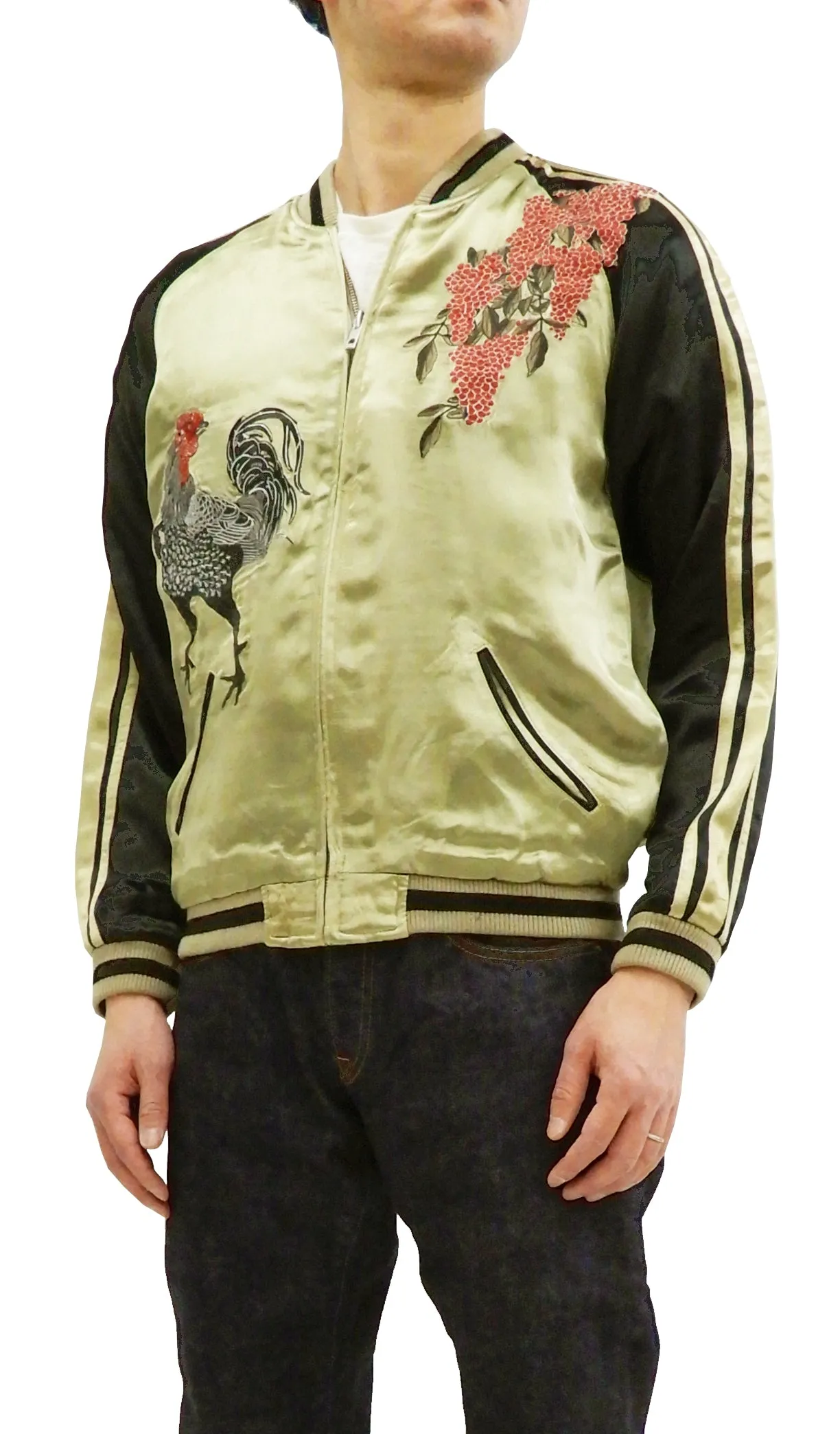 Hanatabi Gakudan Men's Japanese Souvenir Jacket Japanese Rooster Art Sukajan Script SSJ-031