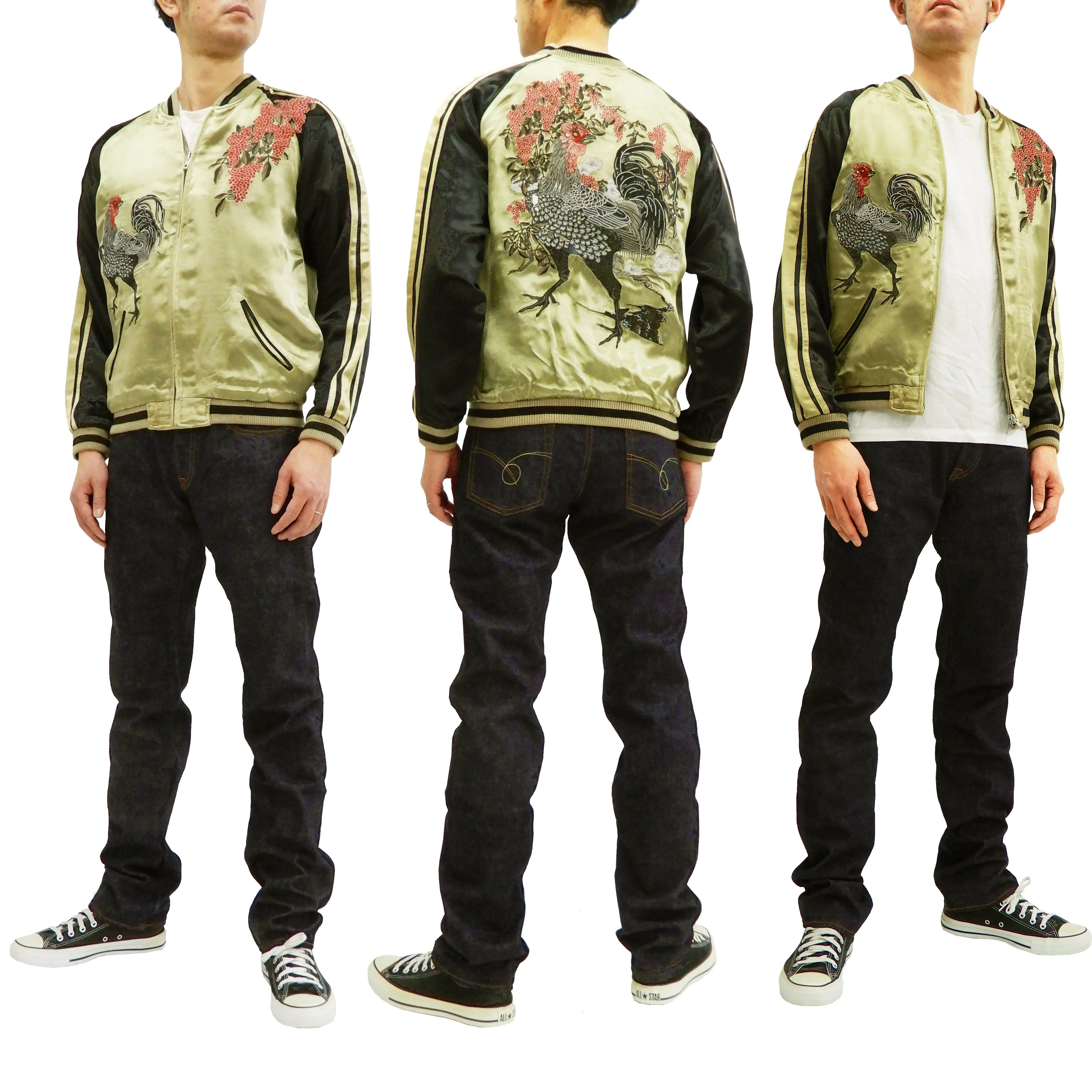 Hanatabi Gakudan Men's Japanese Souvenir Jacket Japanese Rooster Art Sukajan Script SSJ-031