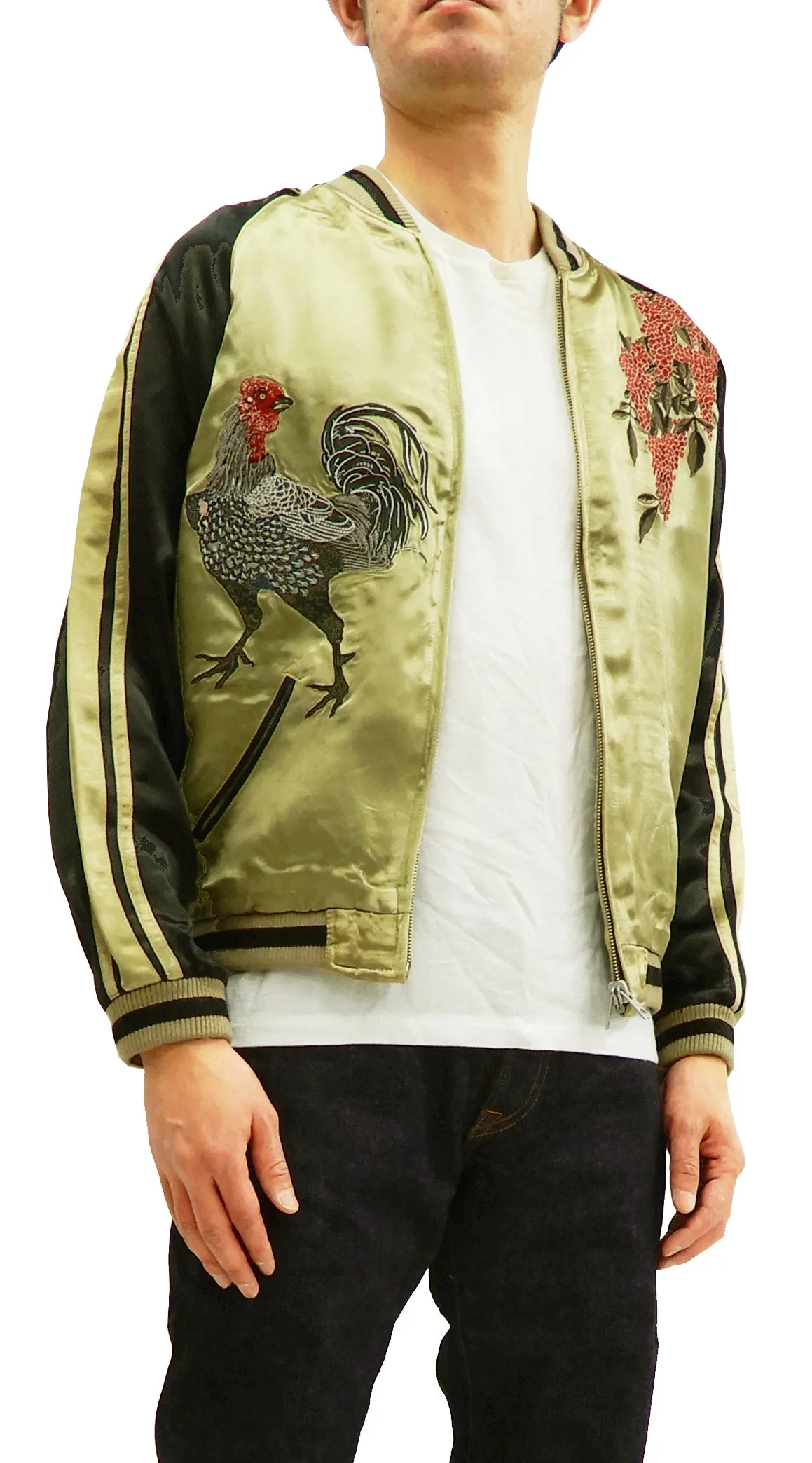 Hanatabi Gakudan Men's Japanese Souvenir Jacket Japanese Rooster Art Sukajan Script SSJ-031
