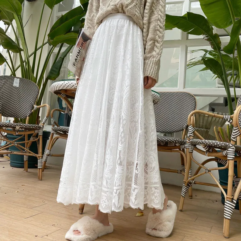 High Waisted A-Line Floral Lace Skirt (Beige, White or Black)