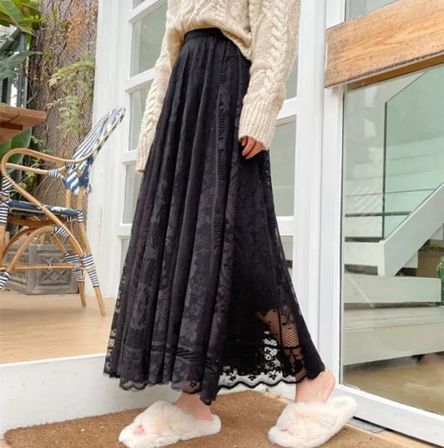 High Waisted A-Line Floral Lace Skirt (Beige, White or Black)