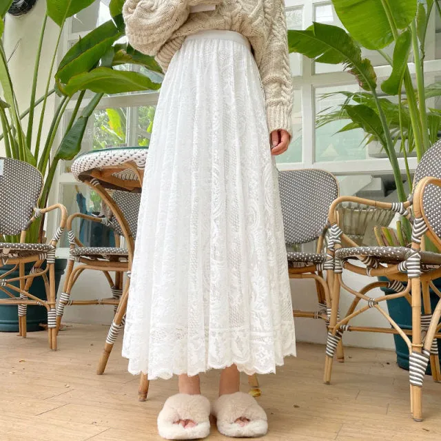 High Waisted A-Line Floral Lace Skirt (Beige, White or Black)