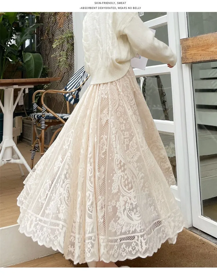 High Waisted A-Line Floral Lace Skirt (Beige, White or Black)