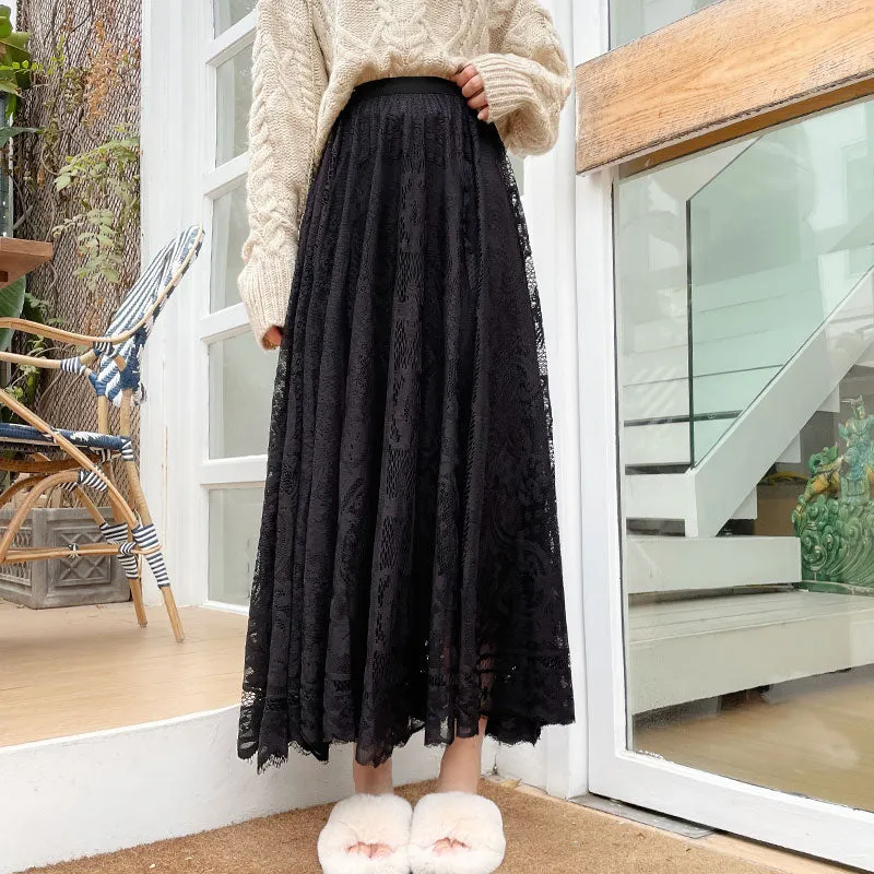 High Waisted A-Line Floral Lace Skirt (Beige, White or Black)