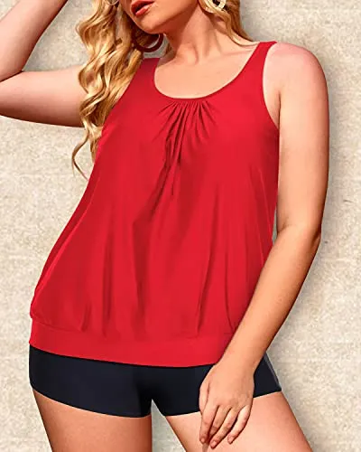 High Waisted Boyshort Tankini Tops Swim Shorts For Women-Neon Red