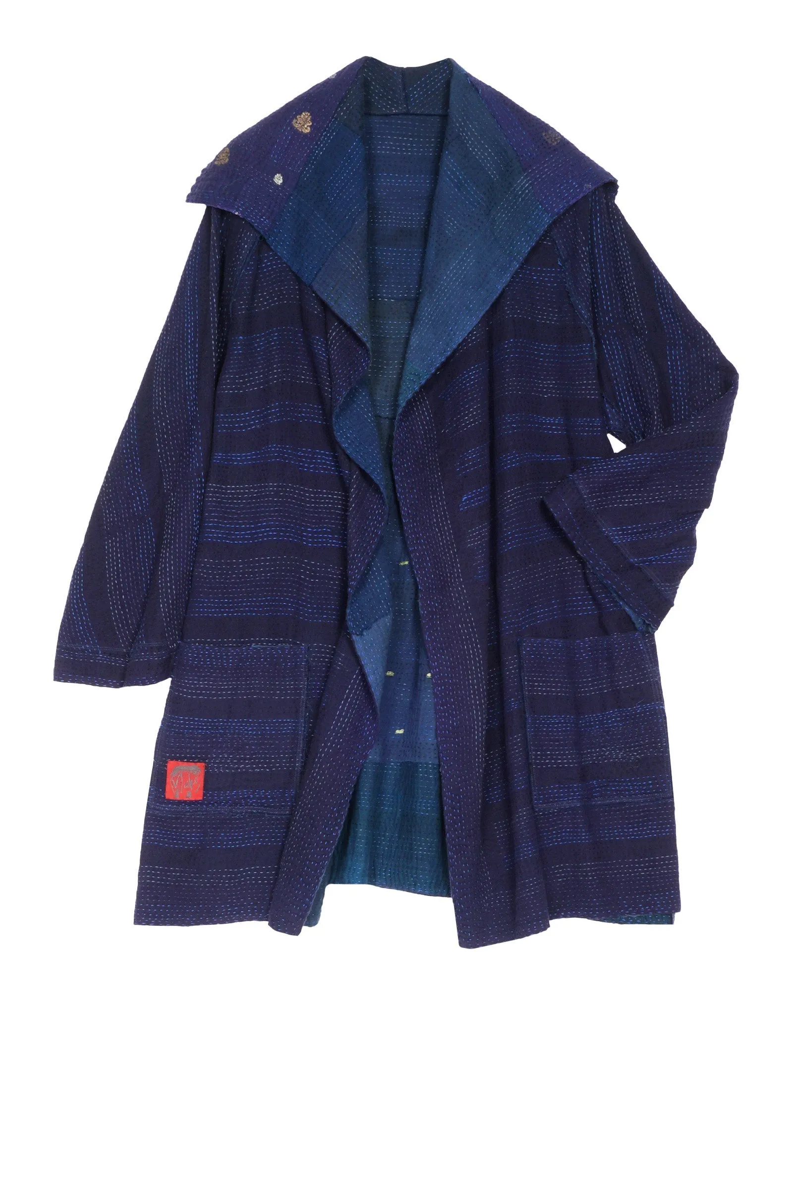 INDIGO WHITE FRAYED PATCH KANTHA BACK TUCKED JKT - iw2012-nvy -