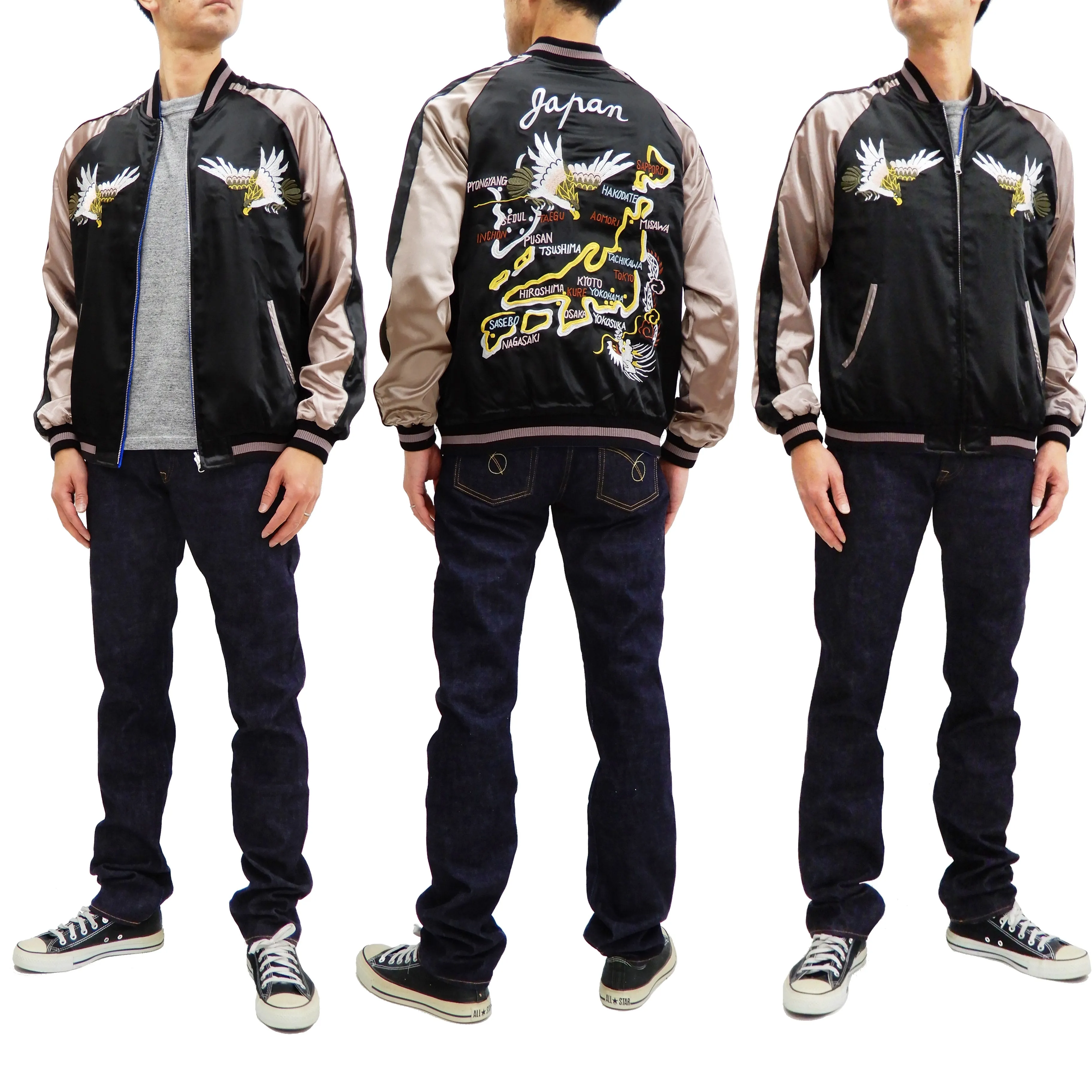 Japanesque Men's Japanese Souvenir Jacket Japan Map x Tiger Sukajan 3RSJ-552 Black/Purple