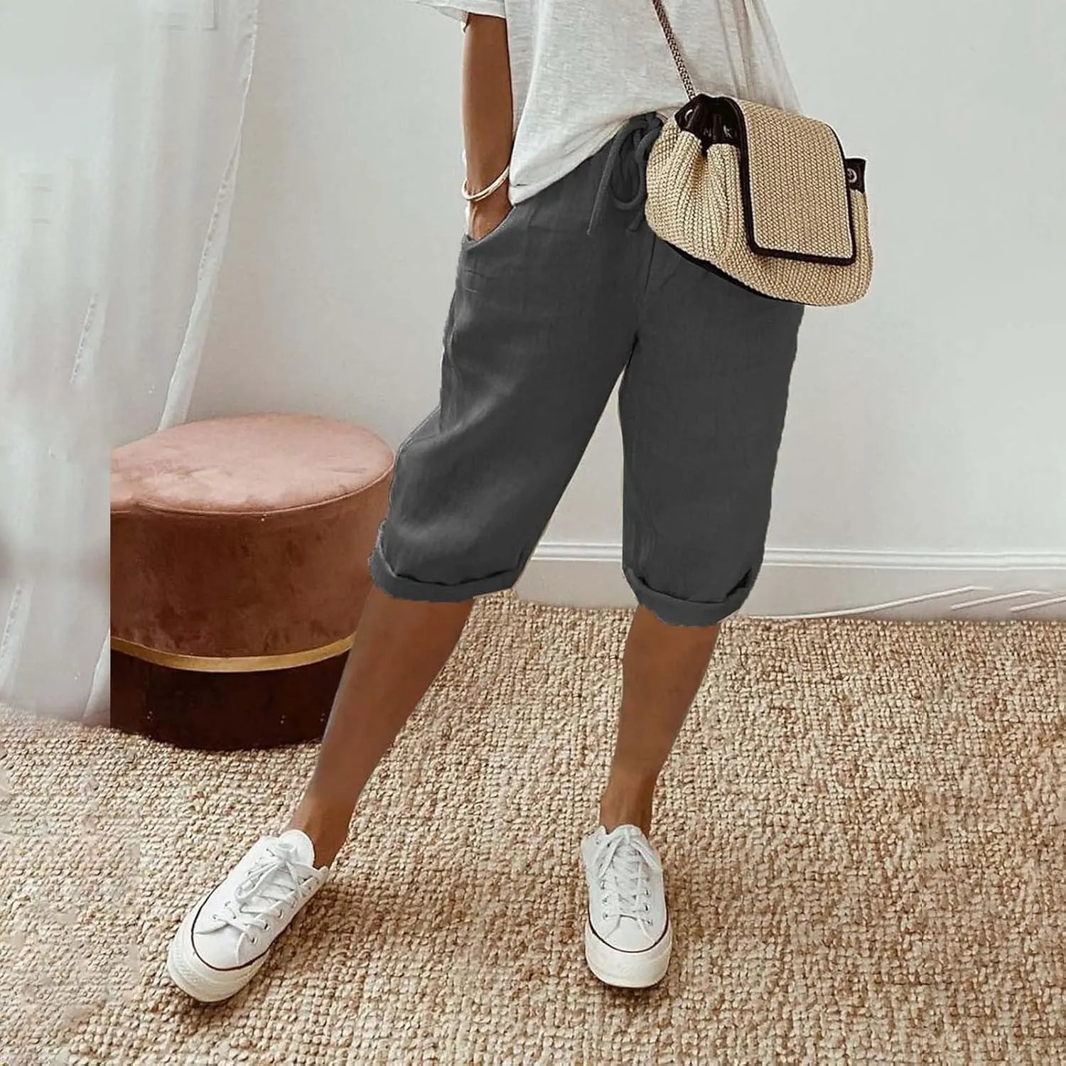 Linen Capri Pants for Women 2025 Ladies Loose Drawstring Casual Solid Color Petite Summer Beachwear Lightweight
