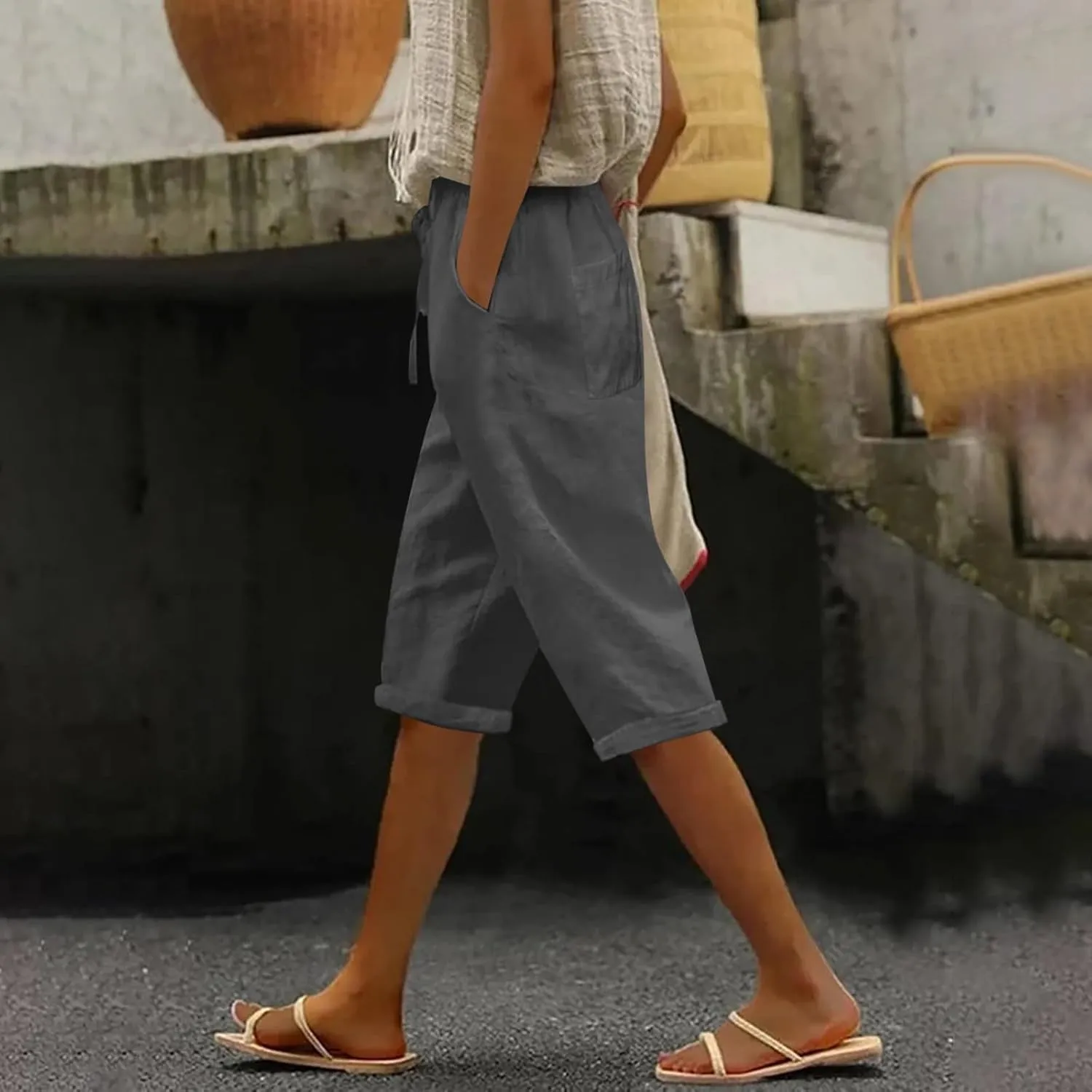Linen Capri Pants for Women 2025 Ladies Loose Drawstring Casual Solid Color Petite Summer Beachwear Lightweight