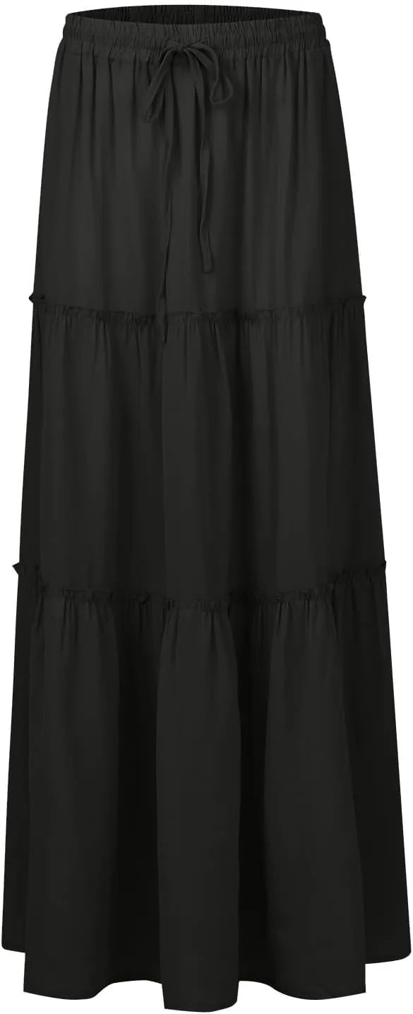 Long Skirts for Women A Line Ruffle Tiered Pleated Flowy Maxi Skirt with Pockets Casual High Waisted Modest Skirts
