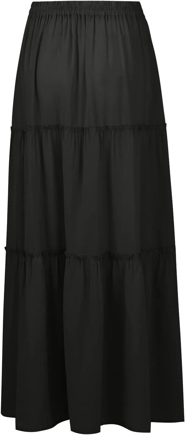 Long Skirts for Women A Line Ruffle Tiered Pleated Flowy Maxi Skirt with Pockets Casual High Waisted Modest Skirts